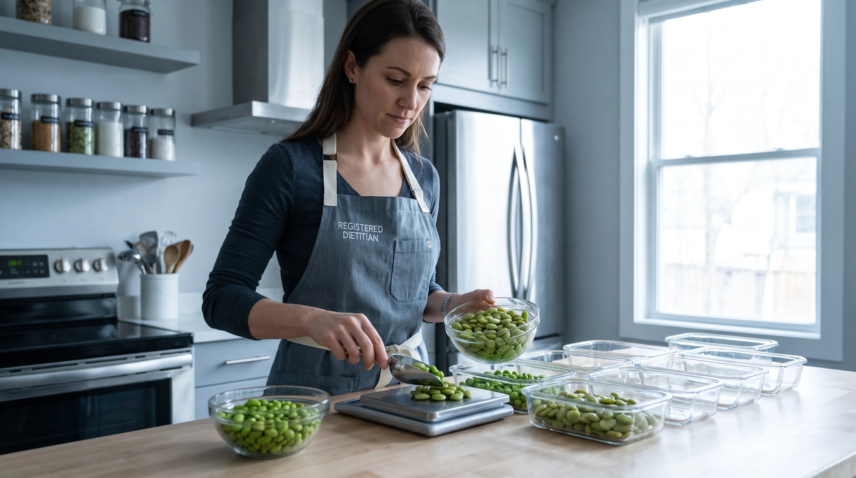 A vibrant kitchen counter displaying fresh lima beans and bright green edamame pods alongside measuring spoons and nutrition books