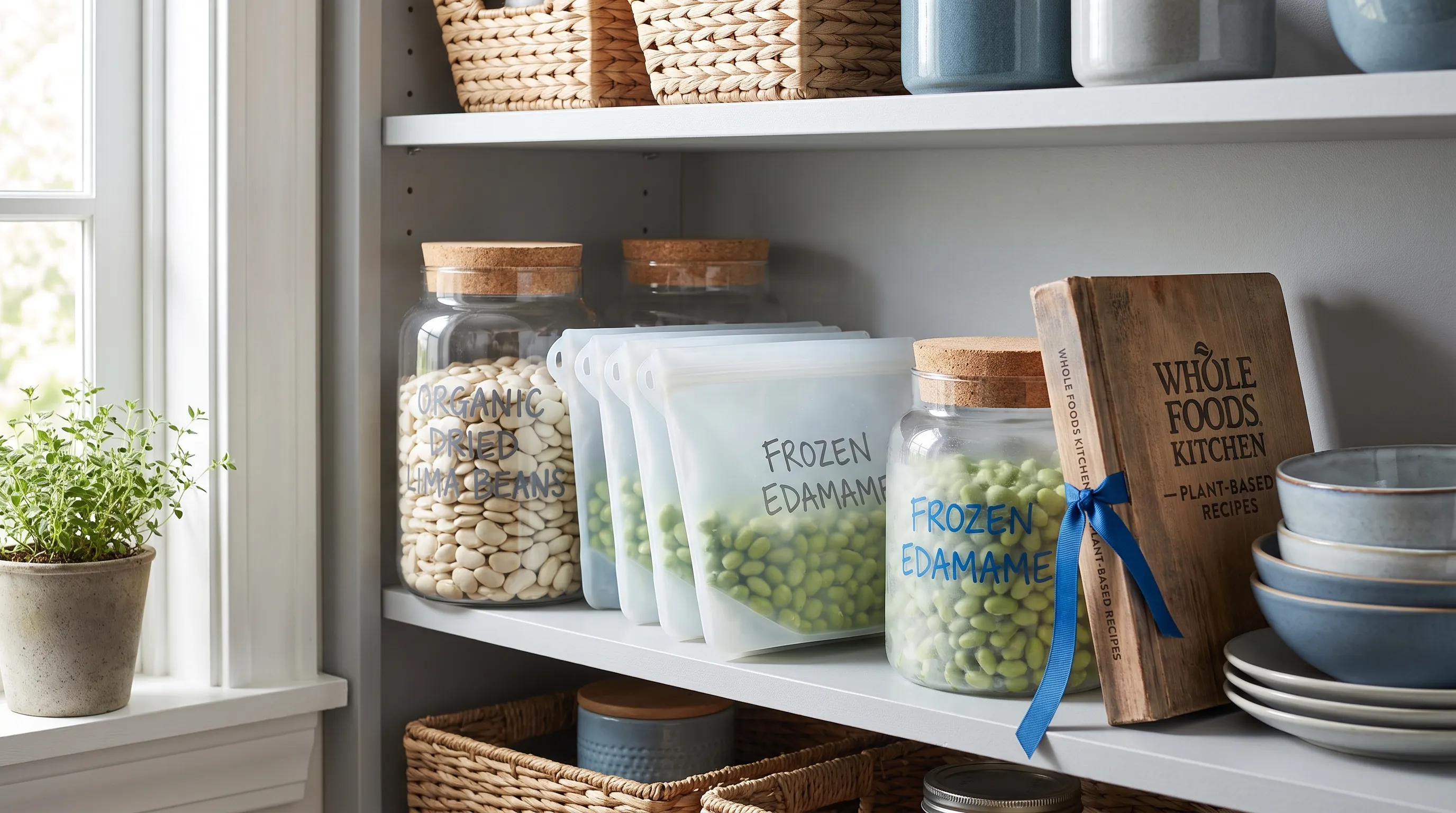 A neatly organized pantry shelf with labeled glass jars storing dried and canned beans