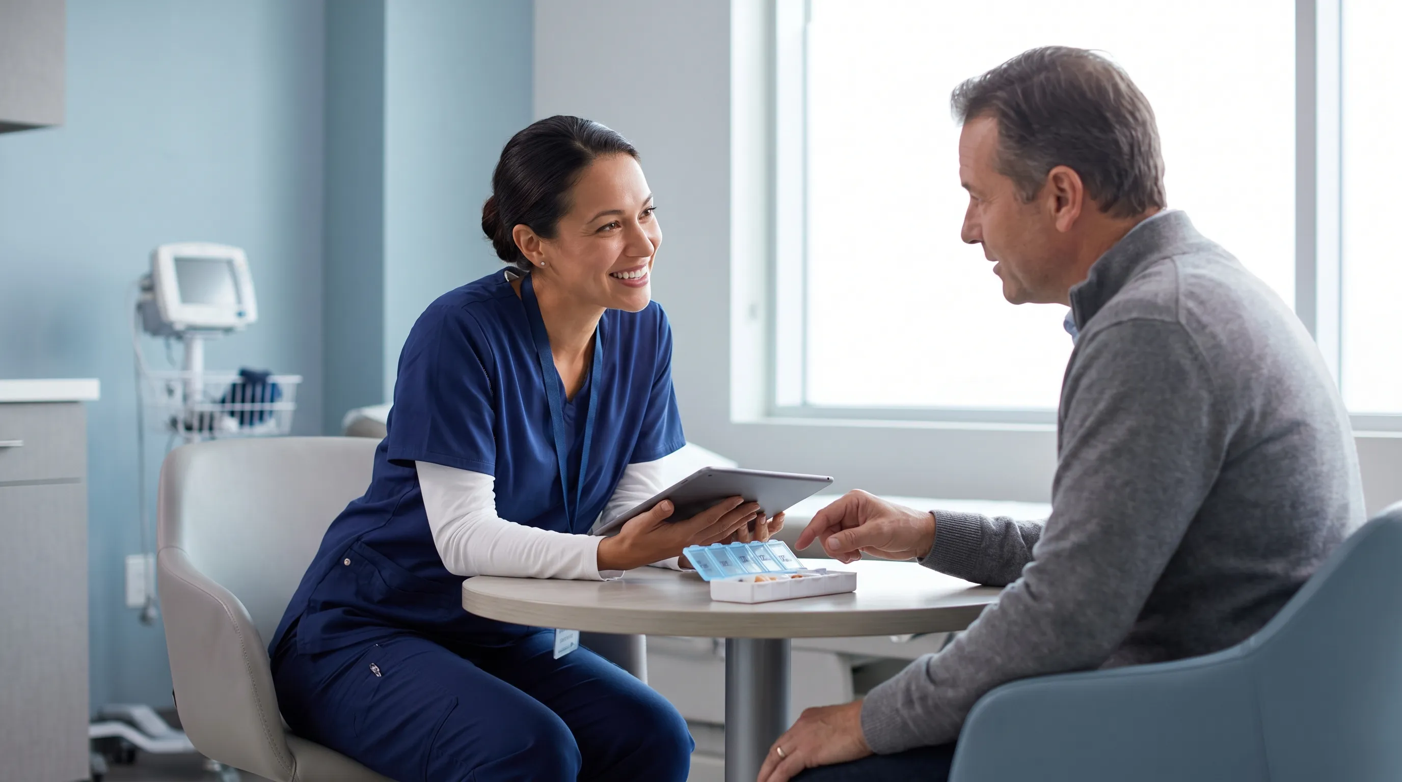 A healthcare professional in a clinic setting discussing medication progress with an adult patient, focusing on attentive listening and collaborative care, soft gray and blue color palette, photorealistic medical photography