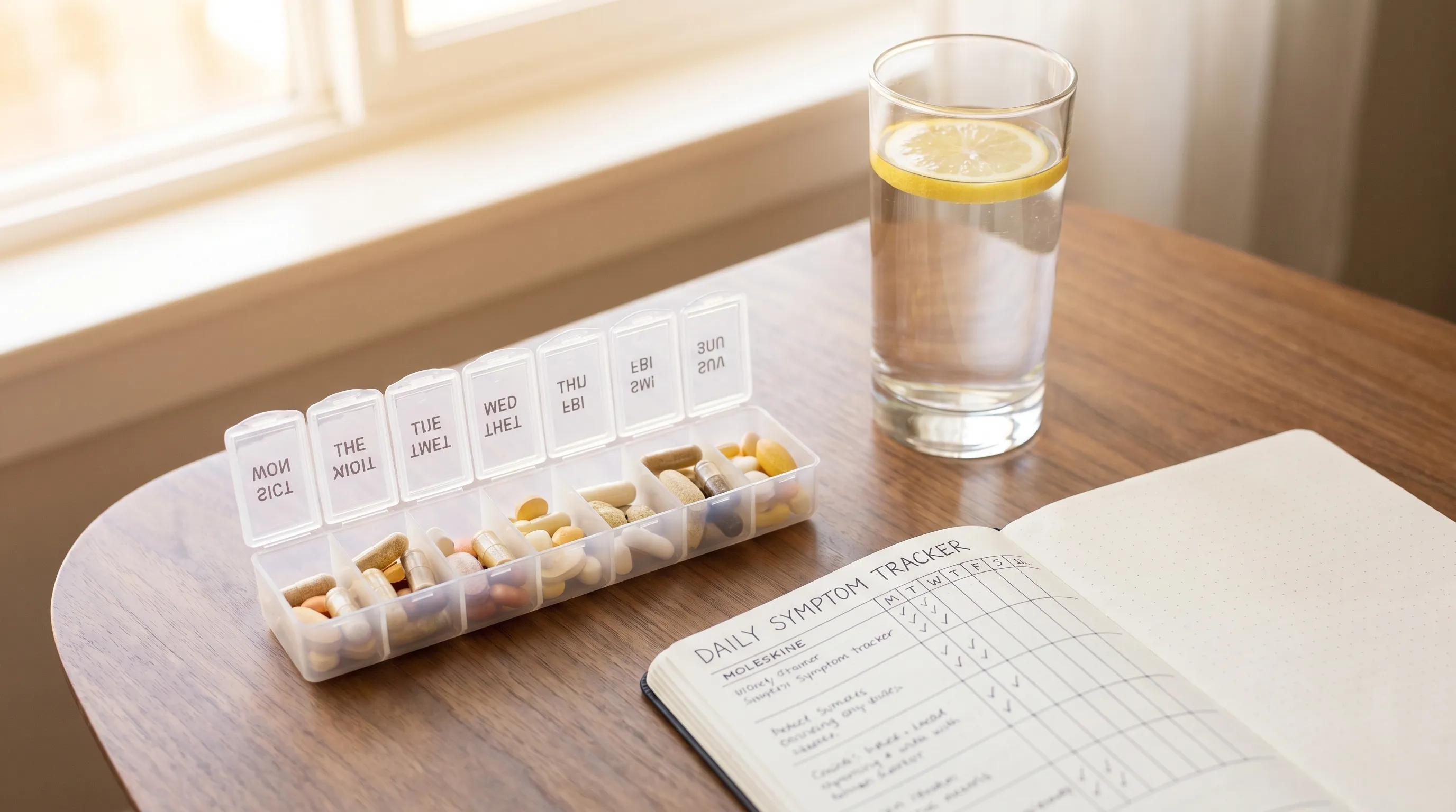A close-up lifestyle shot of a daily wellness routine including a pill organizer, a glass of water, a notebook for symptom tracking, and soft morning lighting, clean clinical yet warm aesthetic, 4:3 aspect ratio