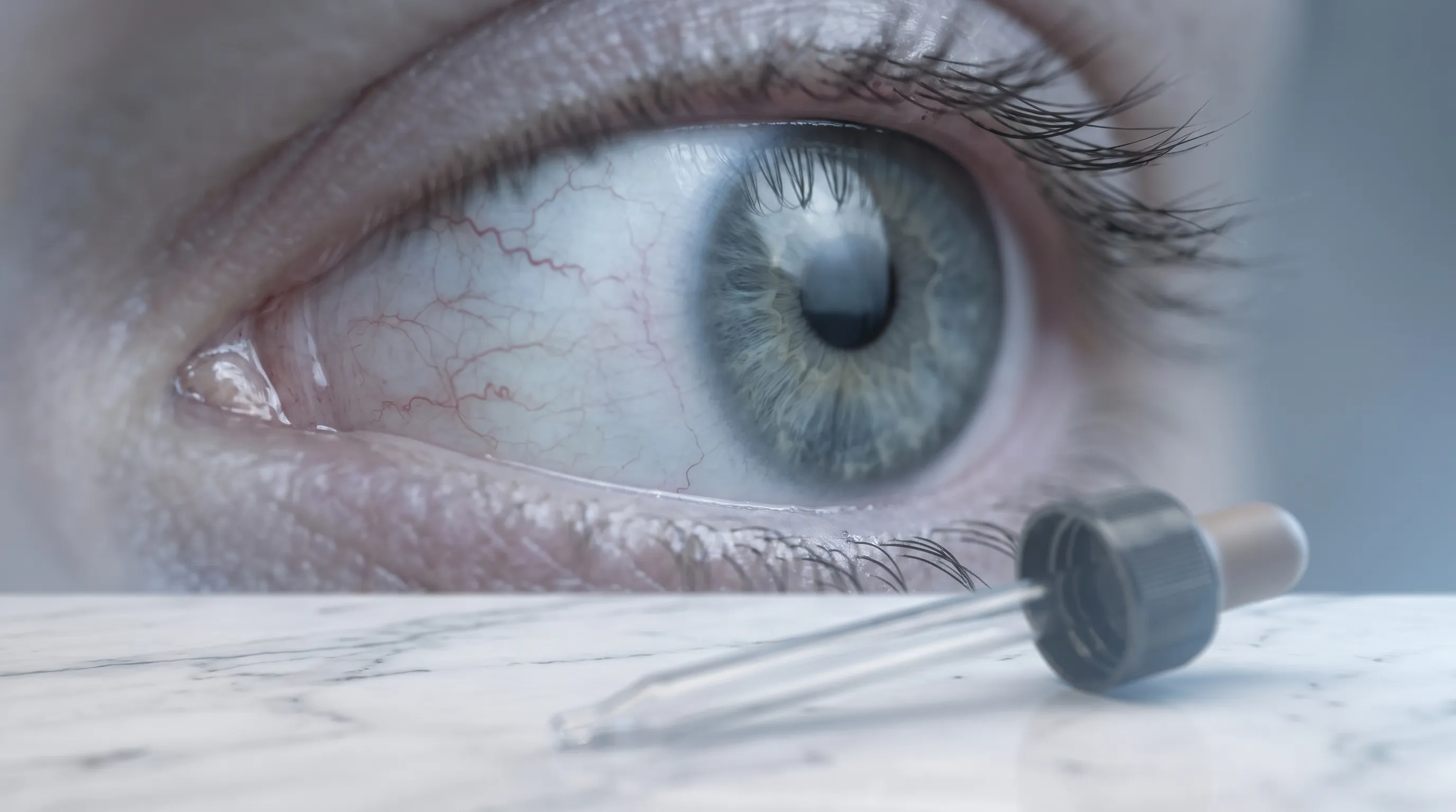 A detailed clinical close-up of a human eye showing the conjunctival blood vessels before and after proper treatment, with soft blue and gray medical lighting