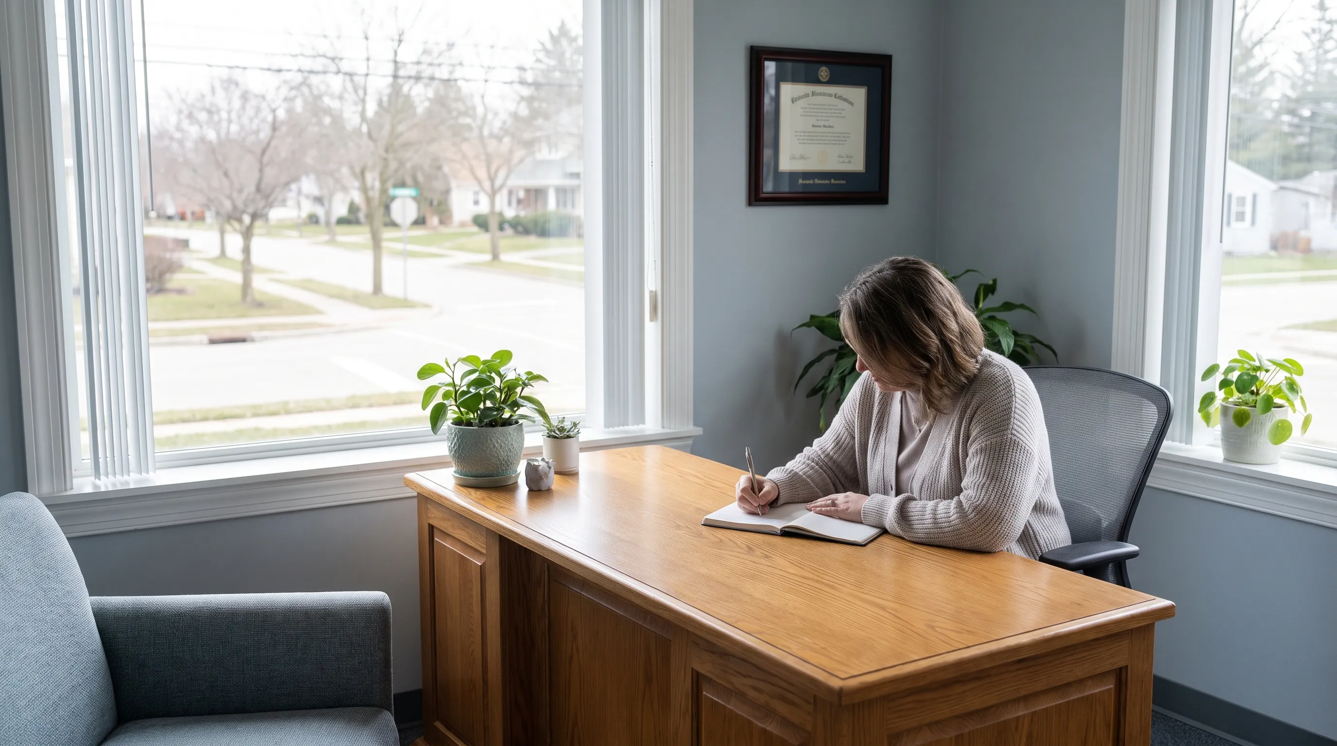 person journaling emotions in a calm space with soft natural lighting and muted blue tones
