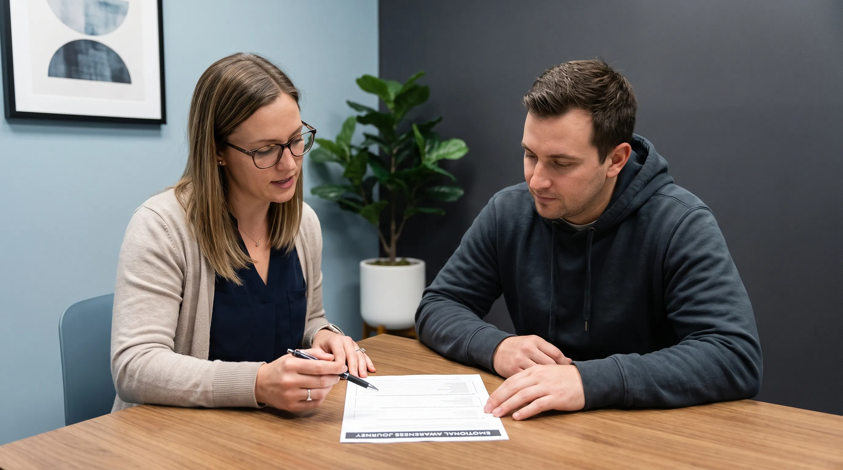 therapist and client discussing emotional awareness with structured worksheets in a calming clinical environment