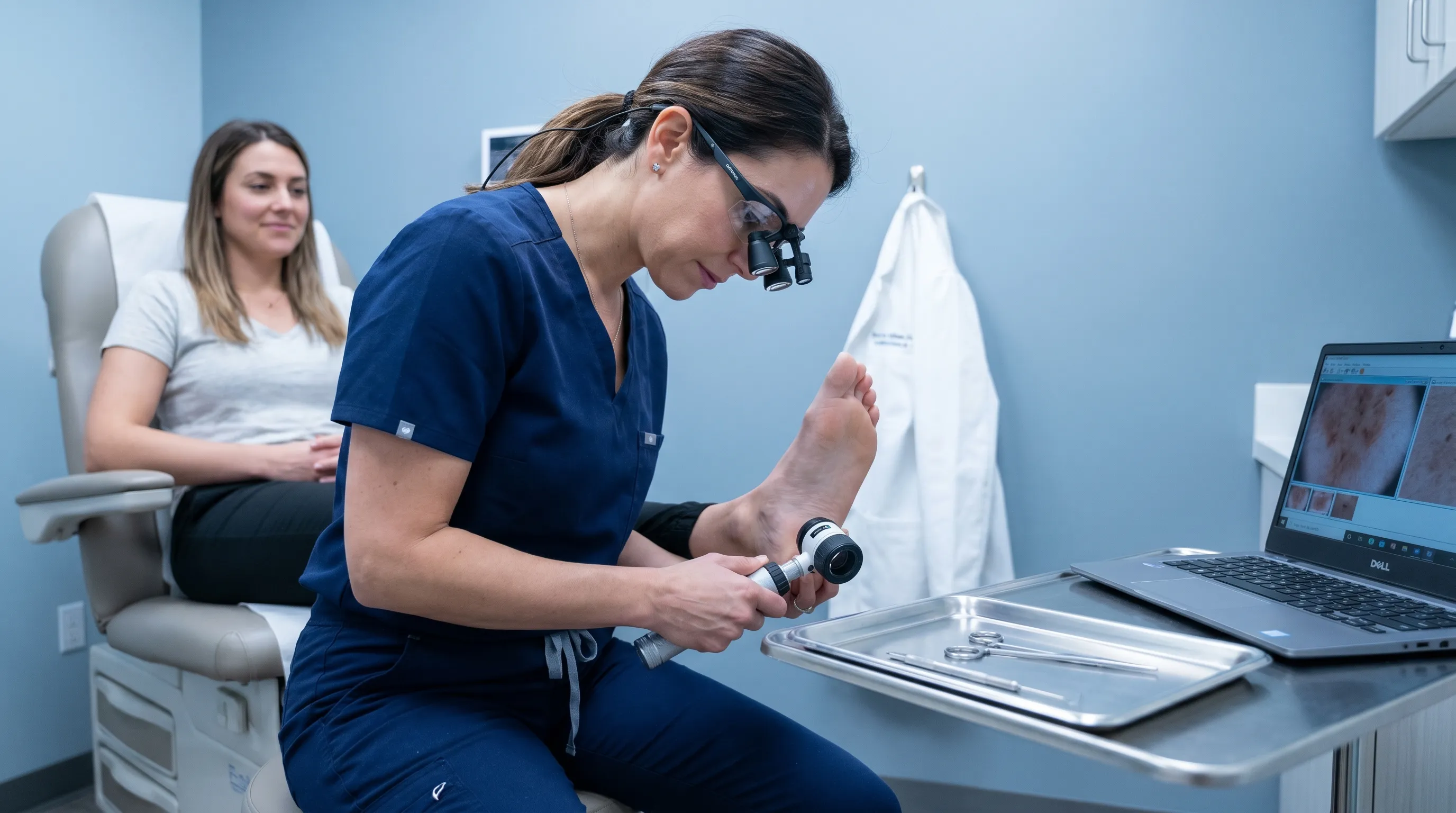 A dermatologist carefully examining a patient's foot with professional tools in a clean, well-lit clinical environment