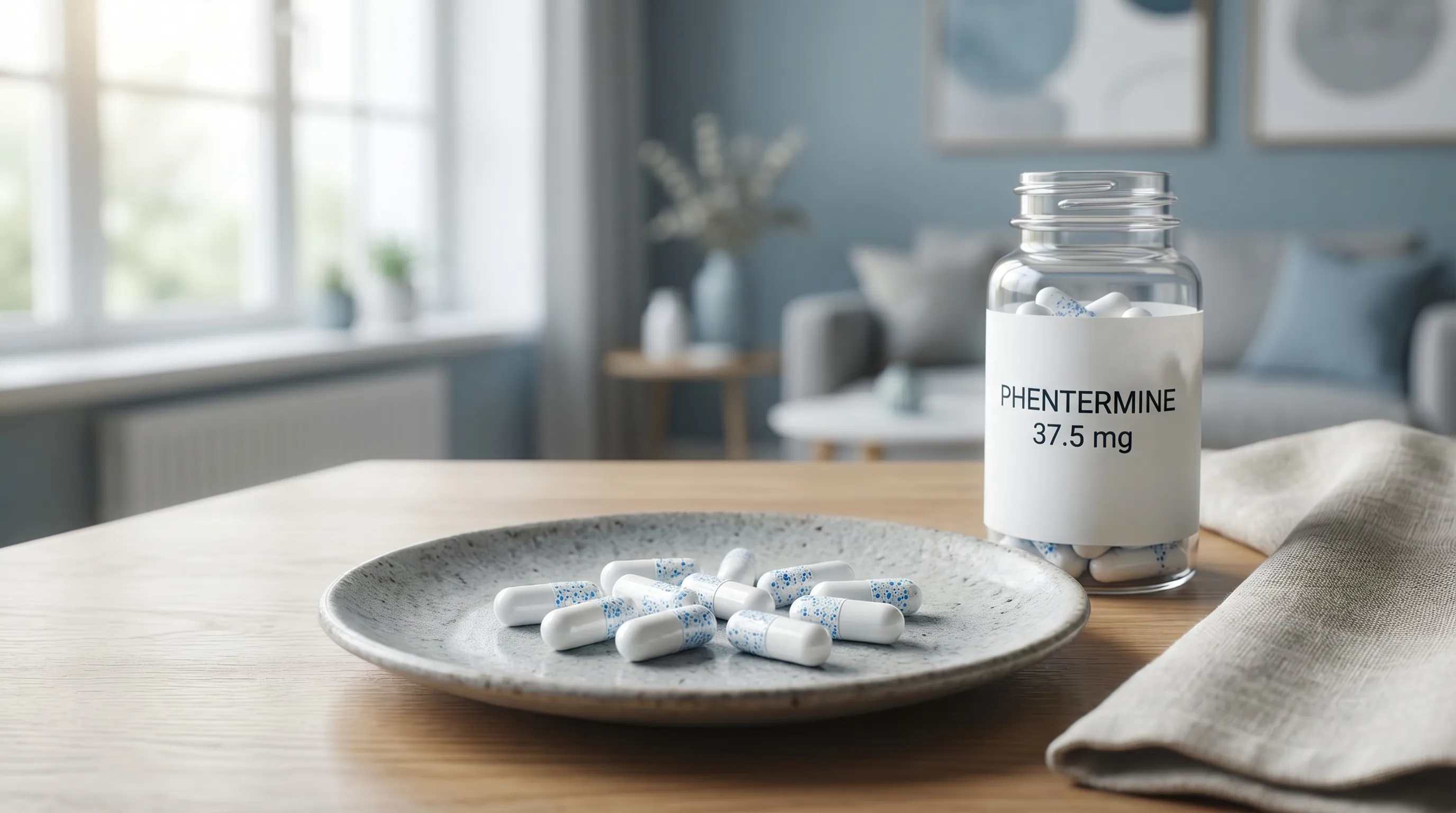 Image of Phentermine 37.5 mg capsules, which are typically white with blue specks.
