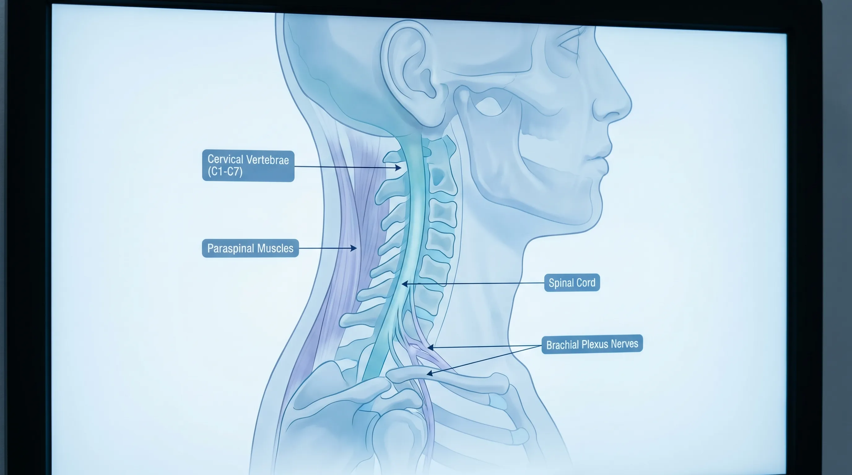 A medical illustration of a healthy human cervical spine showing muscles, vertebrae, and nerves in soft blue tones, educational and clinical style