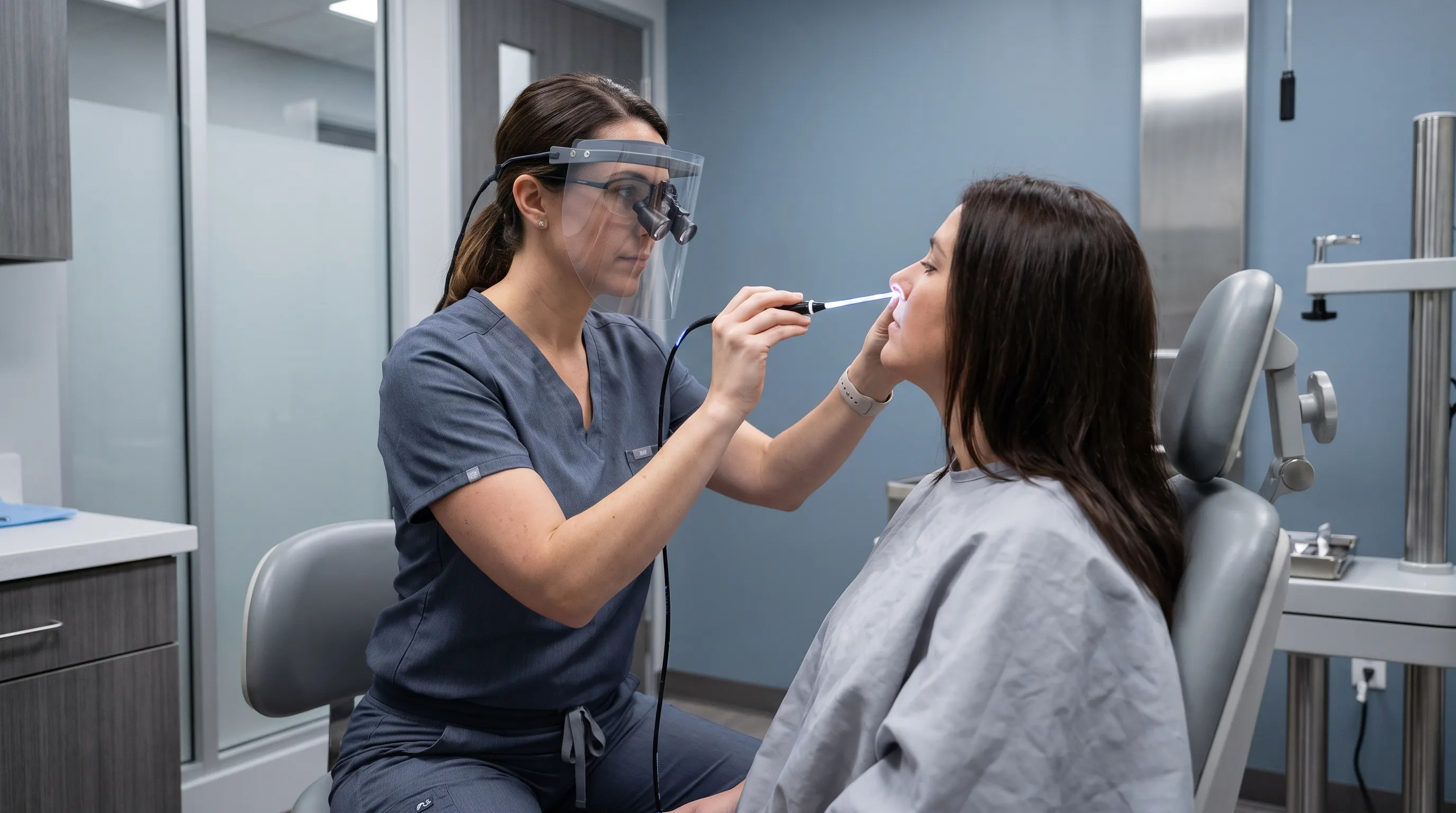 Medical professional in scrubs gently examining a patient's nasal cavity using a fiber-optic light