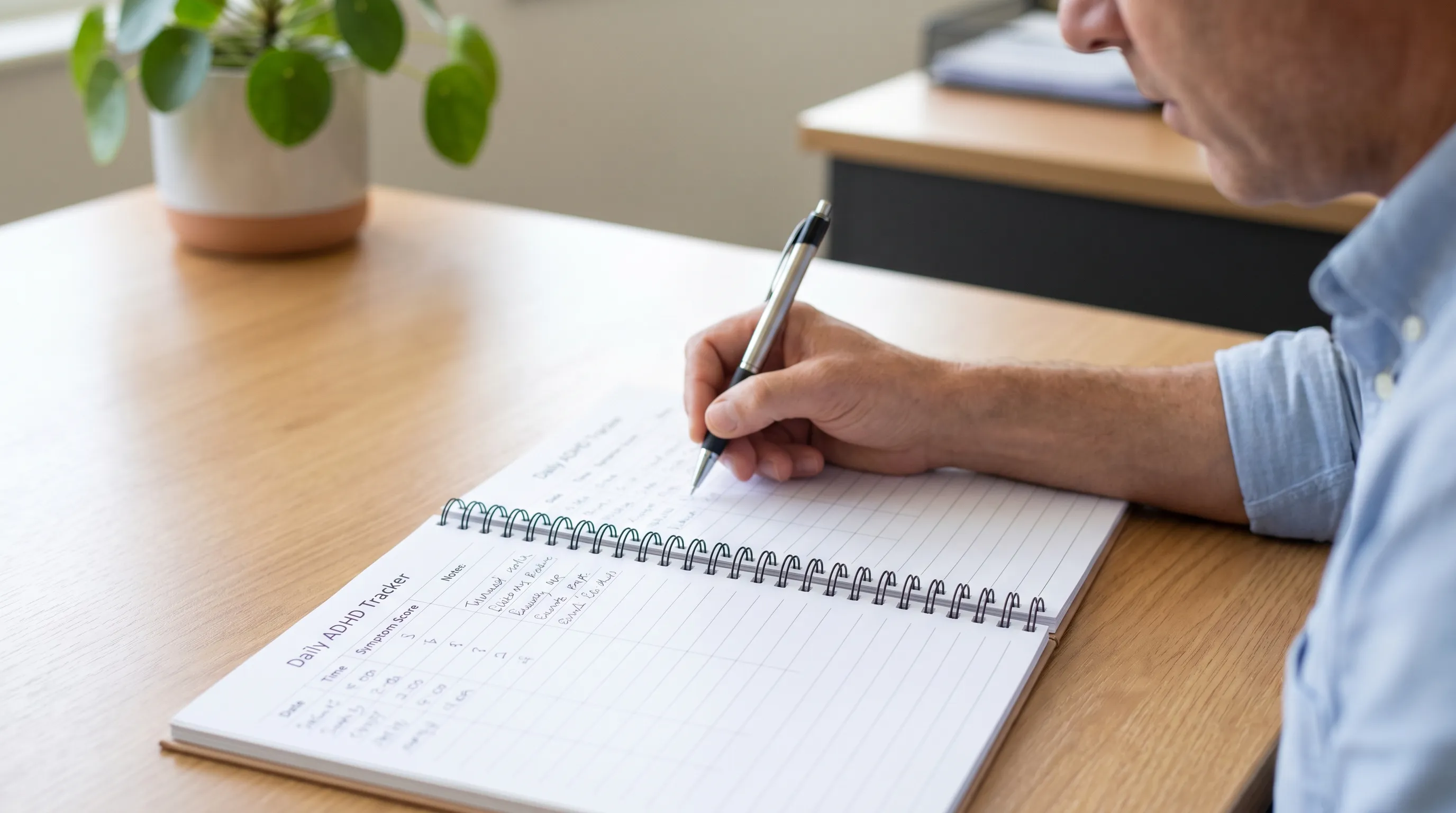 A patient carefully tracking daily ADHD symptoms in a structured medication journal, natural lighting, clinical but warm atmosphere, professional health photography style