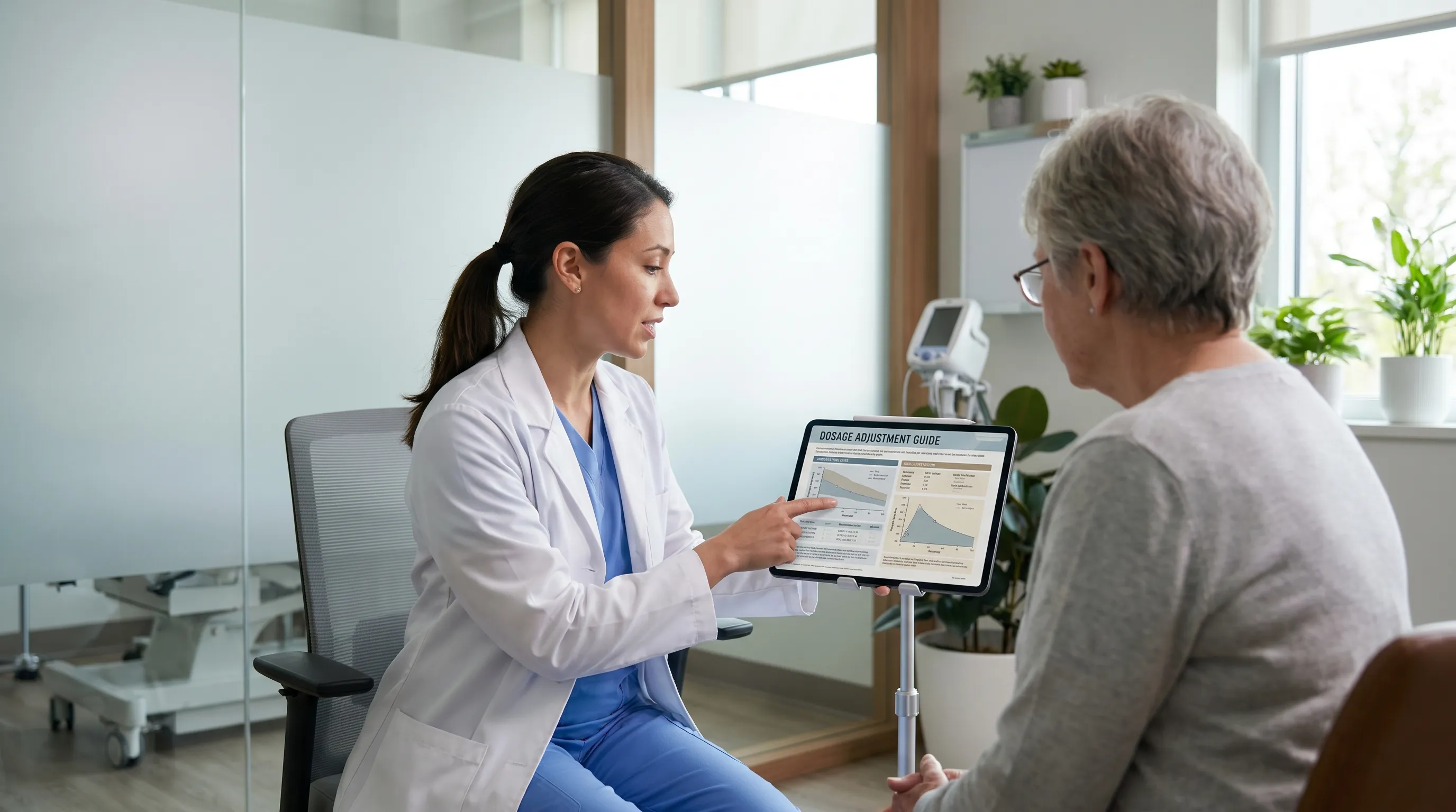 A healthcare professional explaining dosage adjustments using an educational chart, modern clinic background, soft blue and neutral tones, realistic medical consultation scene