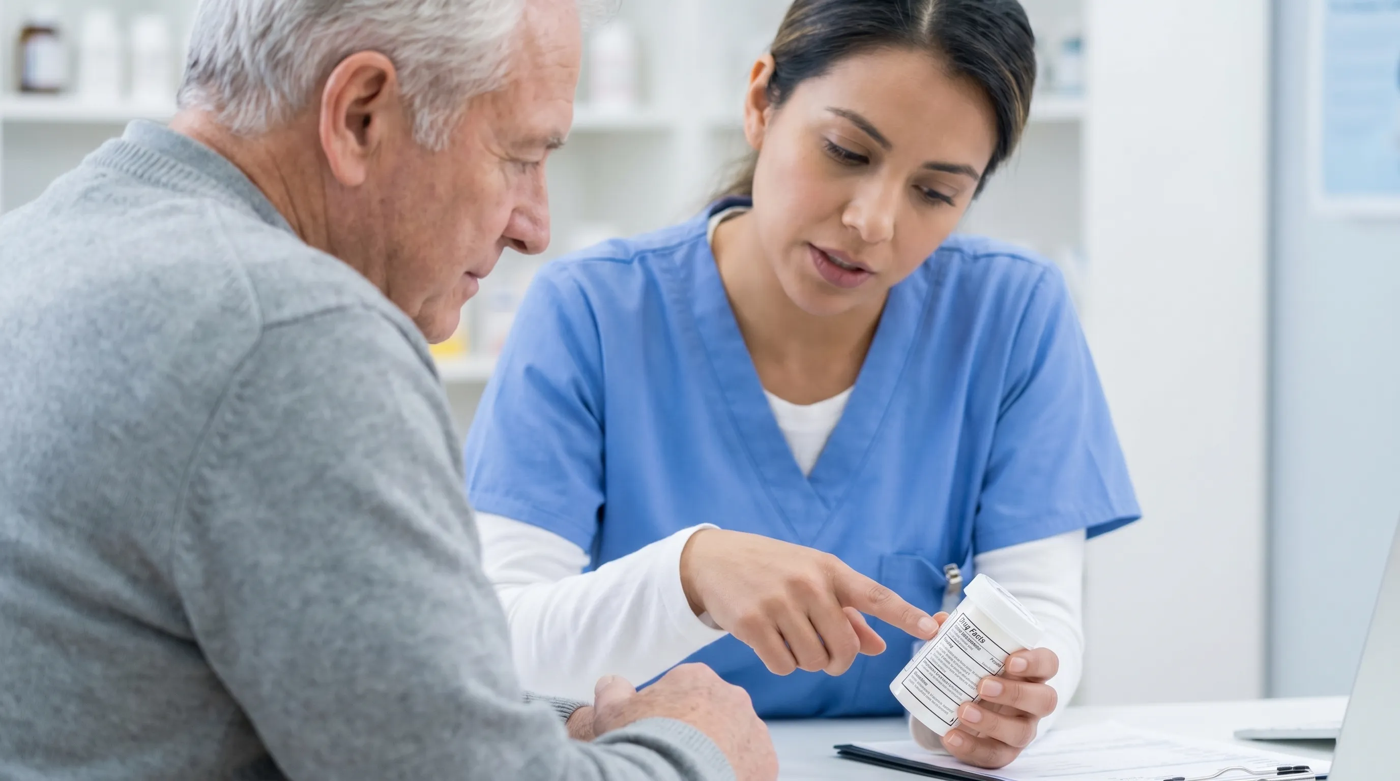 A healthcare professional reviewing medication safety guidelines with a patient at a clinic desk, emphasizing the importance of reading OTC drug facts labels, soft blue and gray lighting