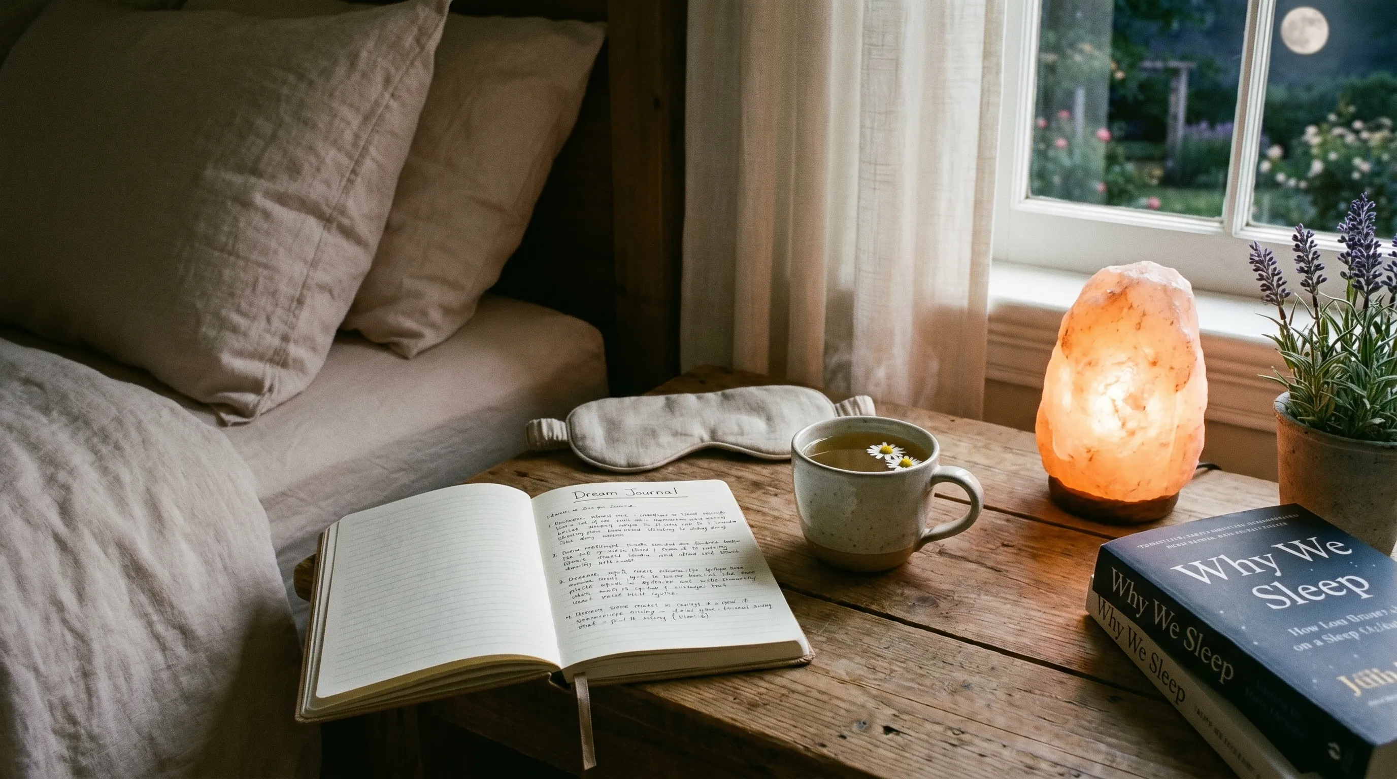 A serene wellness setup featuring a sleep hygiene routine, including a journal, herbal tea, and soft ambient lighting, emphasizing natural rest and relaxation alongside medication safety