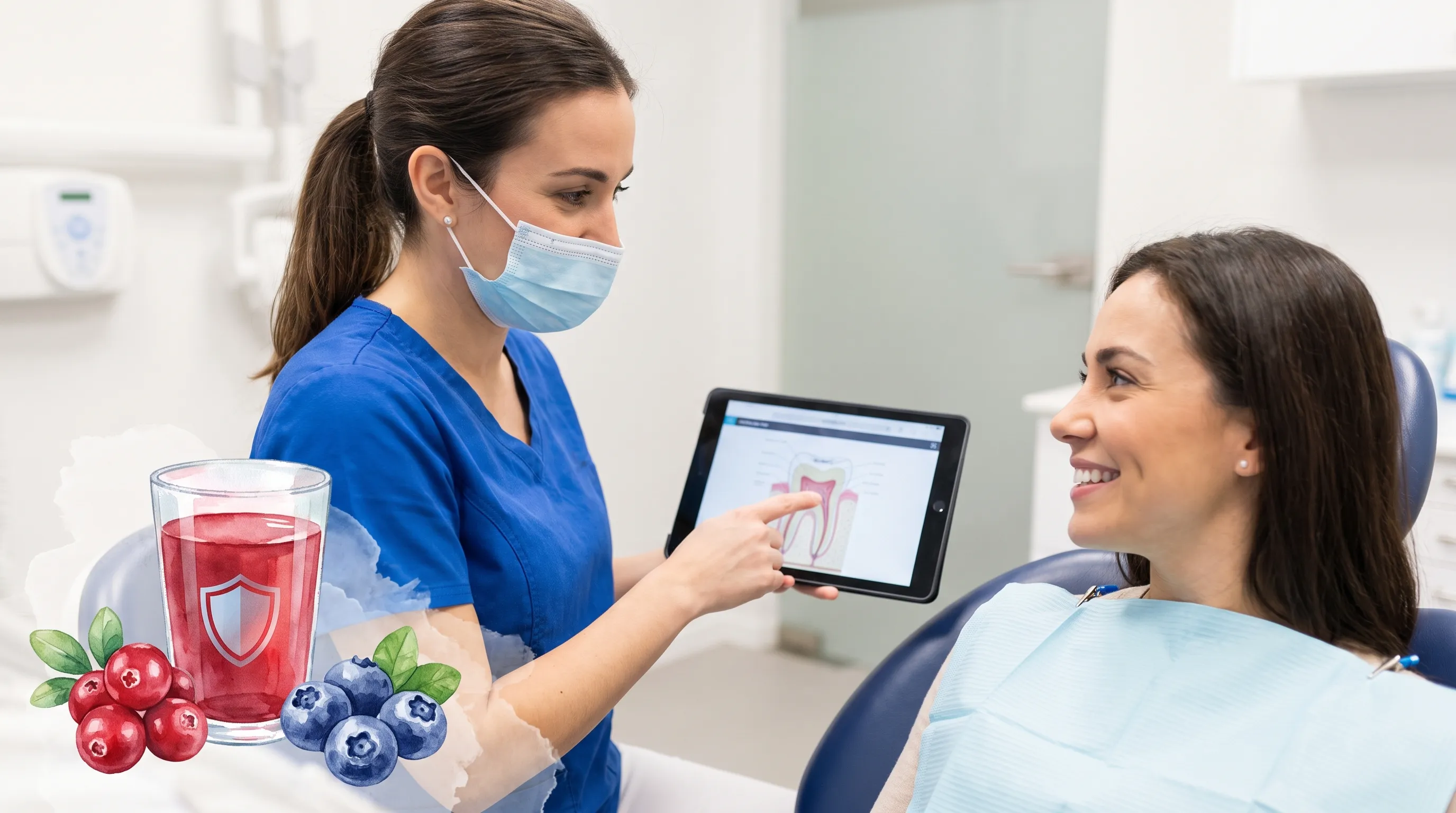 Close-up professional health photograph showing a dental hygienist explaining enamel protection to a patient, with a subtle overlay of cranberries and fruit juice graphics in soft clinical lighting.