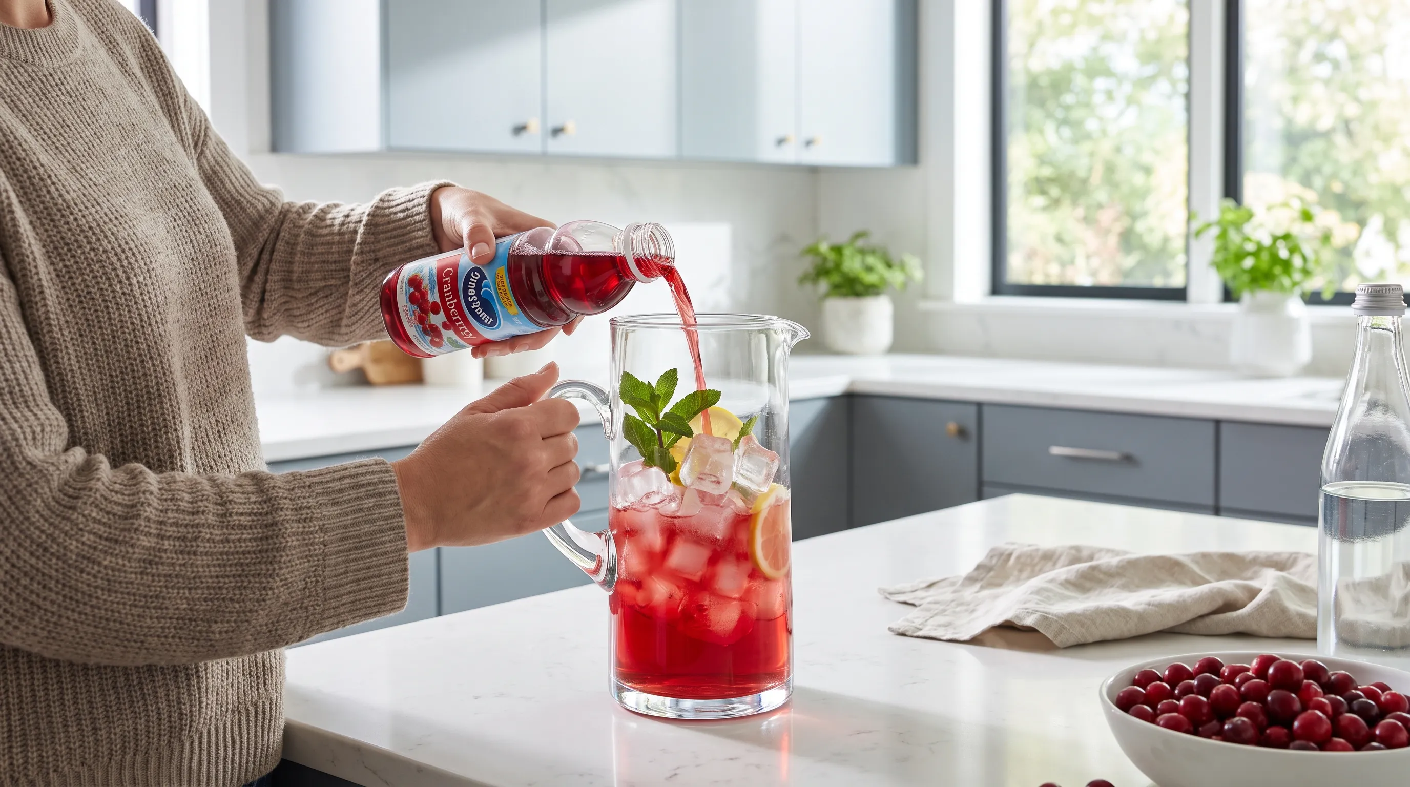 A lifestyle wellness photo of a person preparing a diluted cranberry beverage in a clear glass pitcher with ice, lemon slices, and fresh mint, set against a bright, modern kitchen backdrop in calming blue and gray tones.