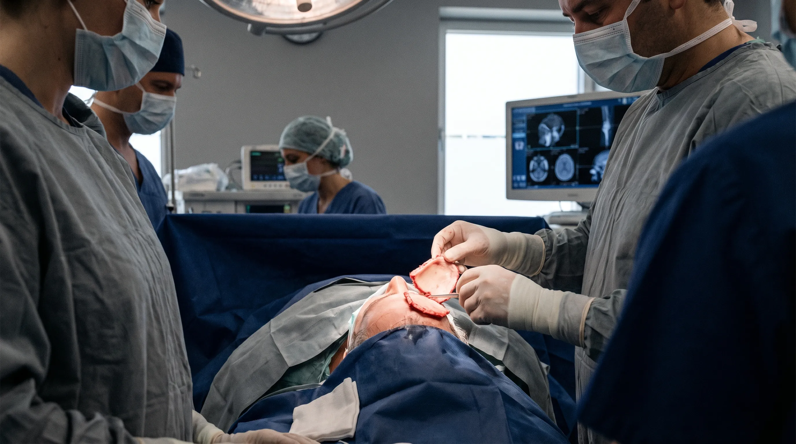 Illustration of a craniotomy procedure, showing a surgeon temporarily removing a bone flap from the skull to access the brain.