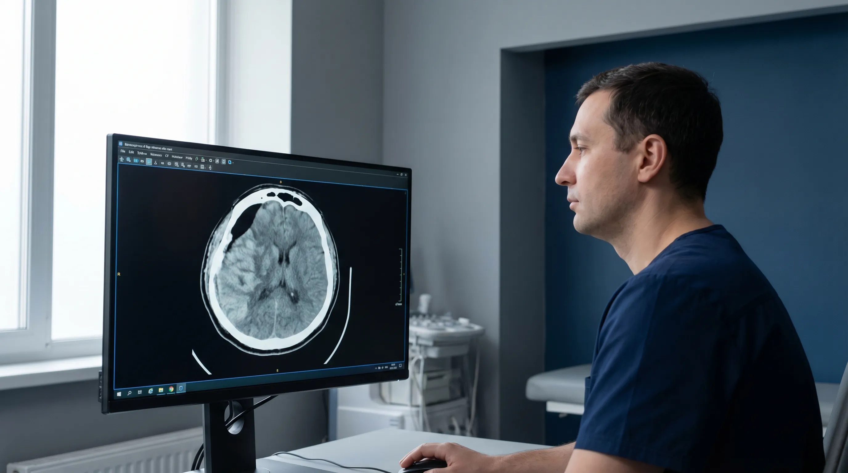 CT scan showing a skull after a decompressive craniectomy, where a large section of bone on the right side has been removed to allow the swollen brain to expand.
