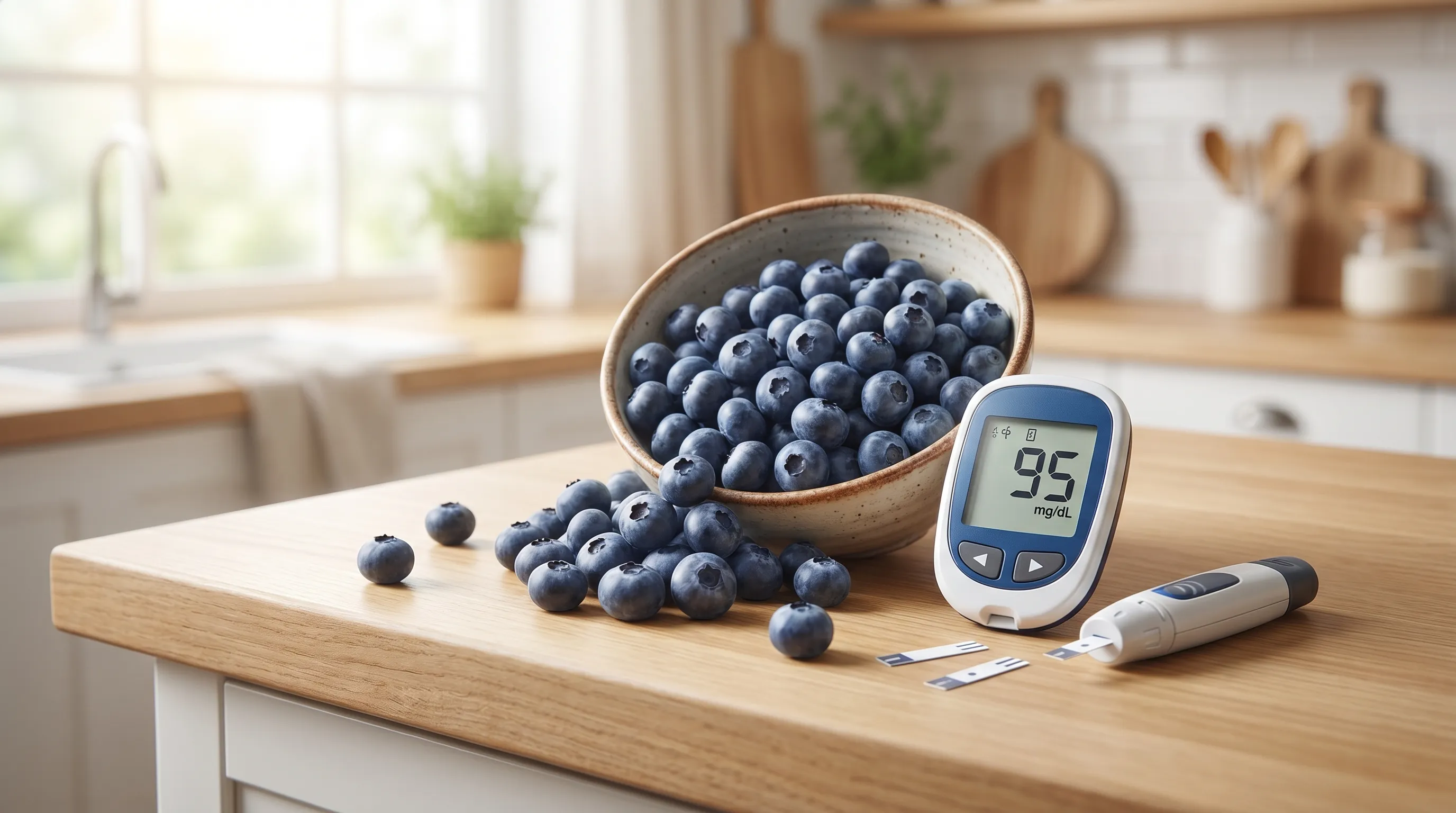 A vibrant close-up of fresh blueberries spilling from a ceramic bowl next to a digital blood glucose monitor, soft morning light, clean wooden countertop, professional food photography style