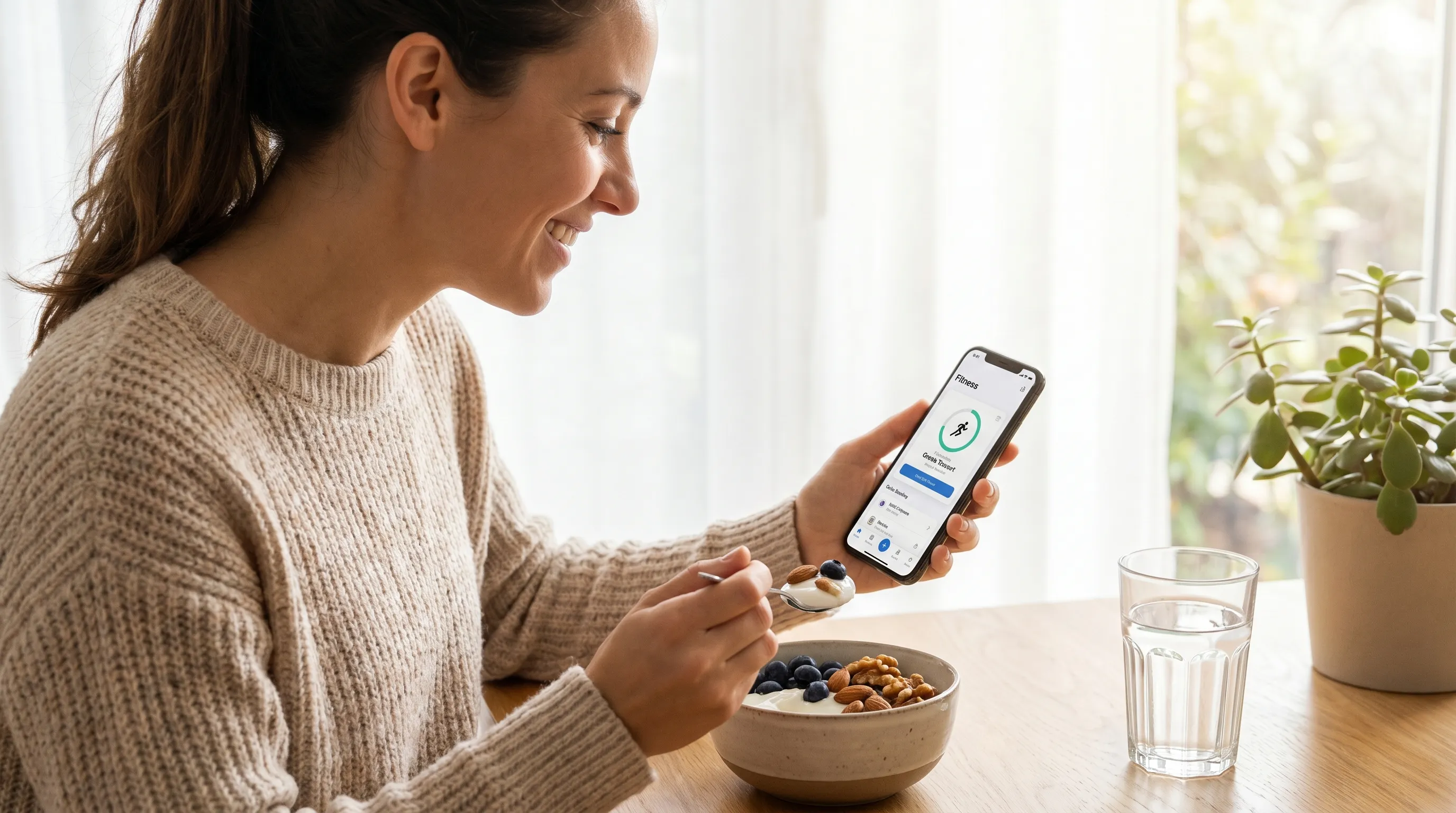 A person enjoying a healthy breakfast of Greek yogurt topped with fresh blueberries and nuts while checking a fitness app, bright natural lighting, wellness lifestyle photography