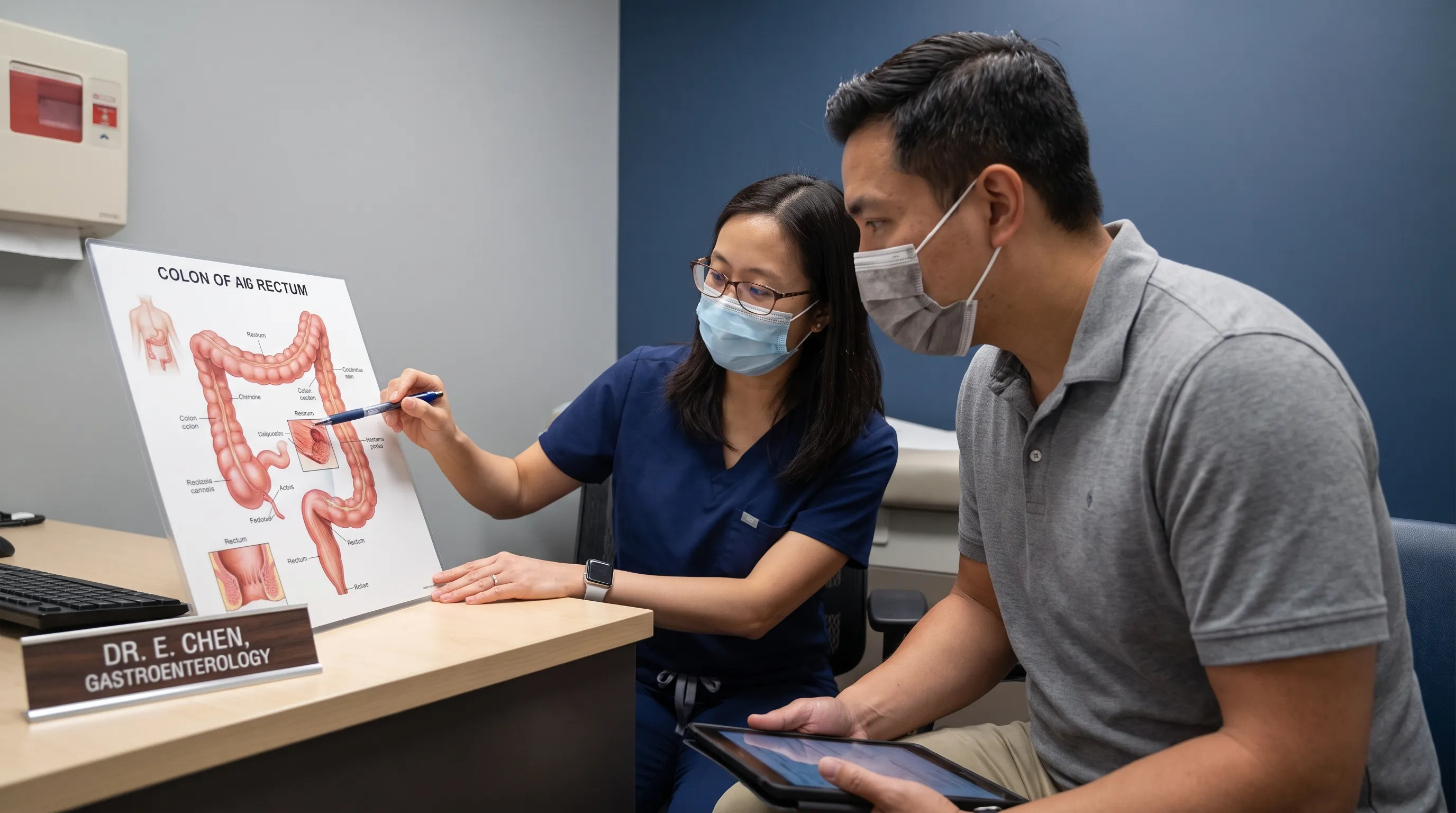 Medical professional reviewing anatomical diagrams of lower gastrointestinal health with a patient