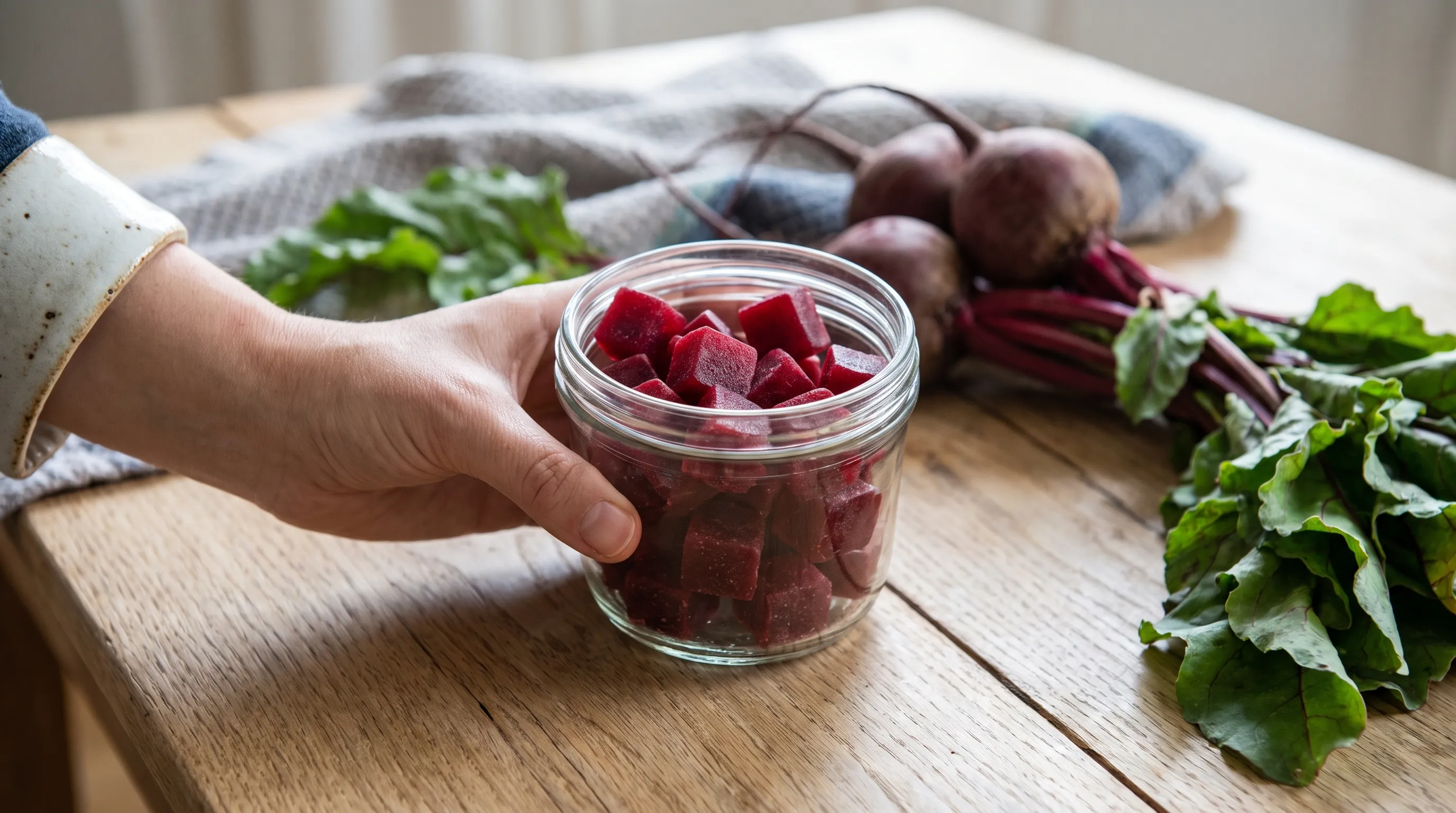 Close-up of a hand holding a jar of vibrant red beetroot gummies on a minimalist wooden table with fresh whole beets in the background