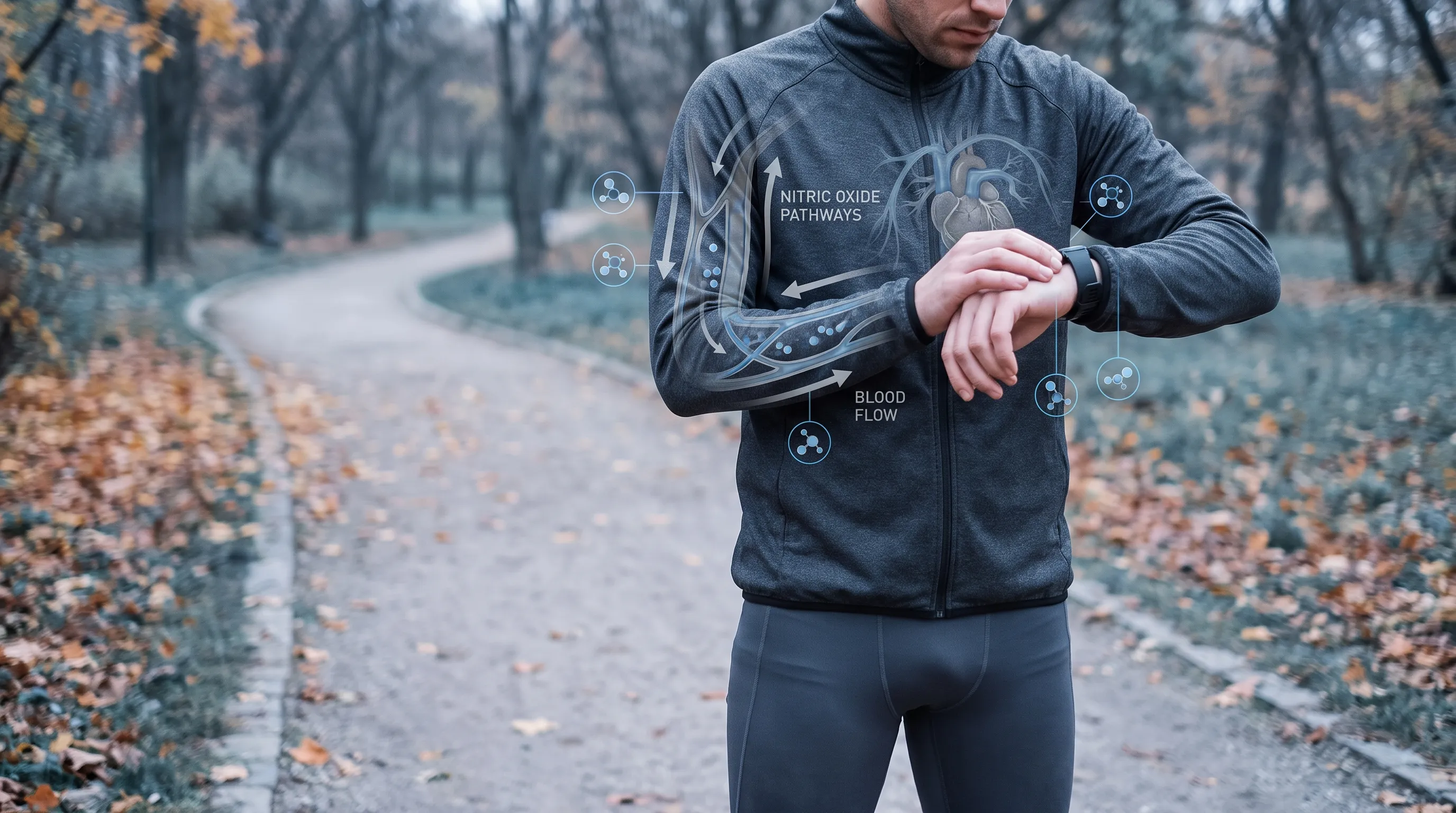 A person in athletic wear checking a smartwatch while stretching at a park trail, with subtle scientific graphics illustrating blood flow