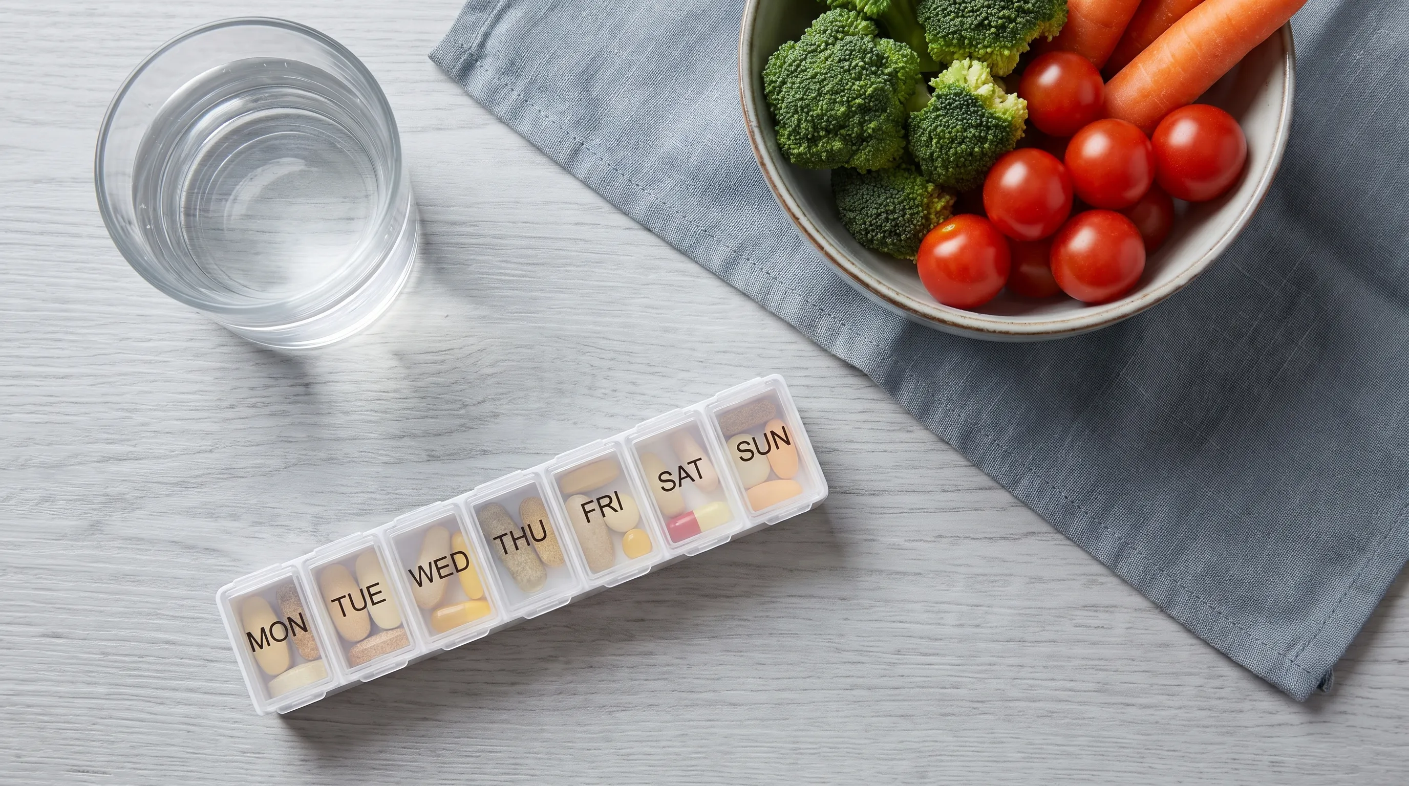 Overhead shot of a daily supplement organizer next to a glass of water and fresh vegetables