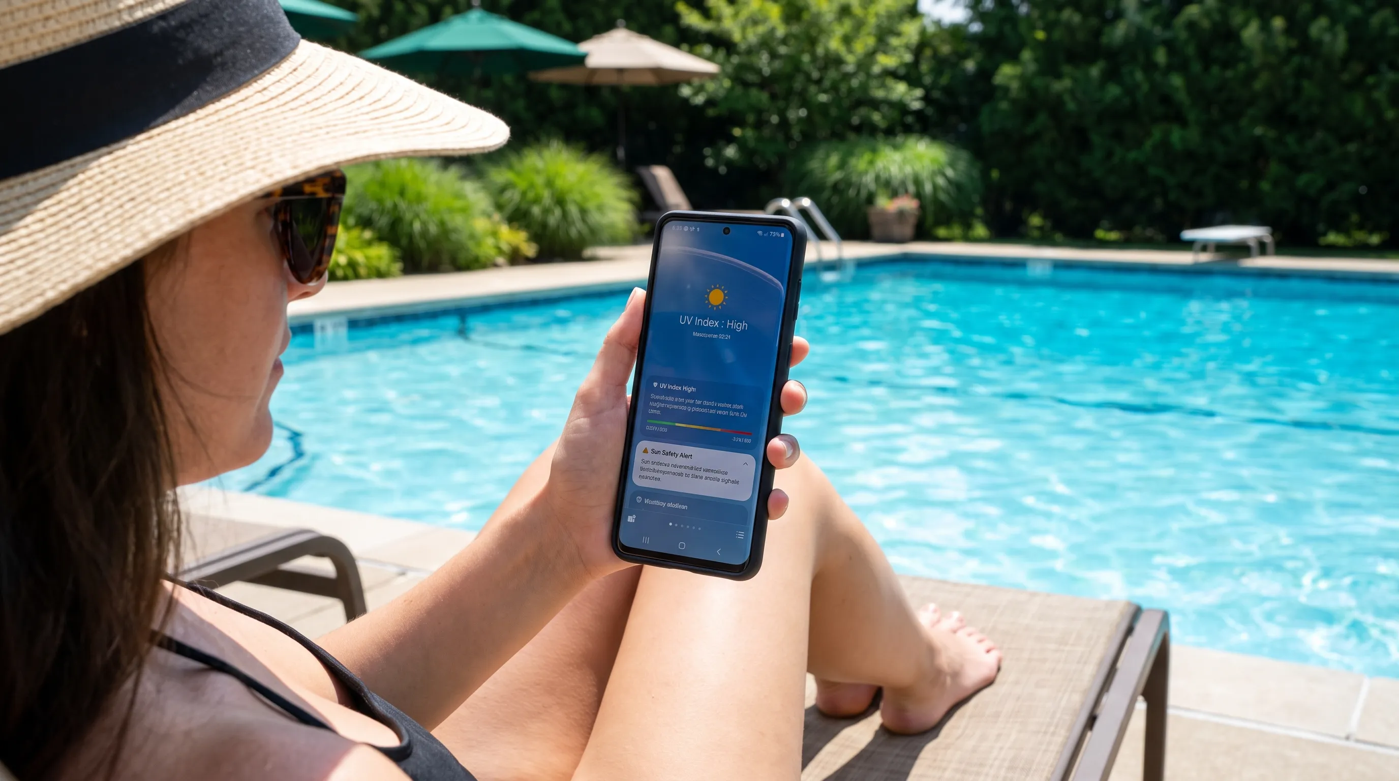 A person checking a weather app on their smartphone outdoors near a pool, monitoring sun safety levels