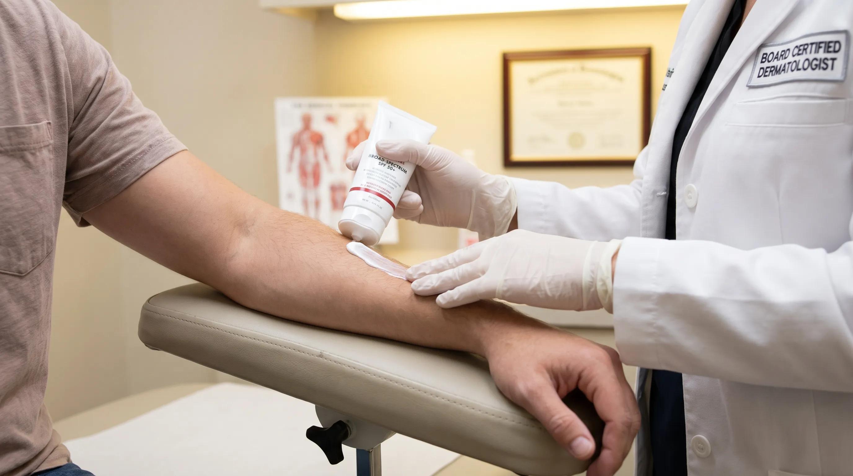 Close-up of dermatologist applying broad-spectrum sunscreen on a patient's arm while discussing UV protection
