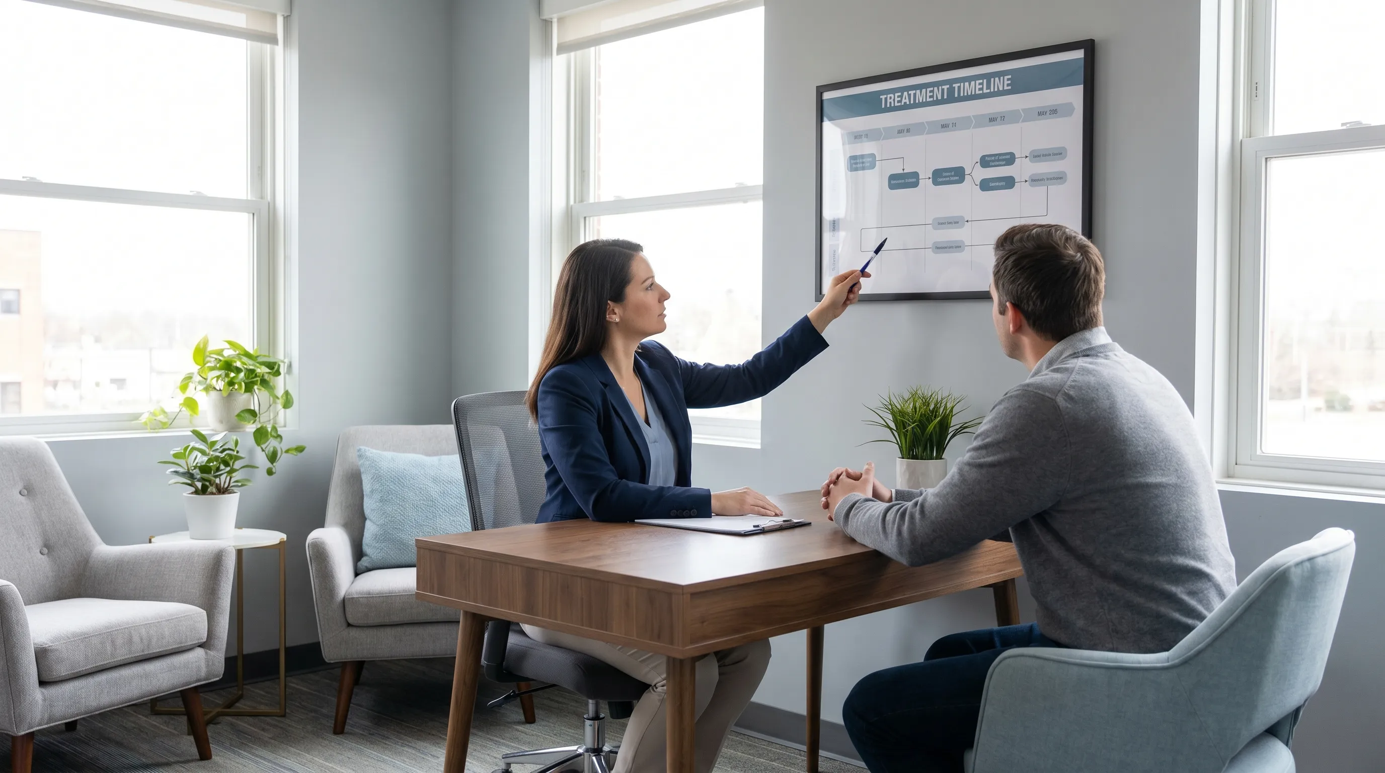 descriptive alt text describing a clinical chart and mood tracking journal on a therapist's desk, gray and blue tones