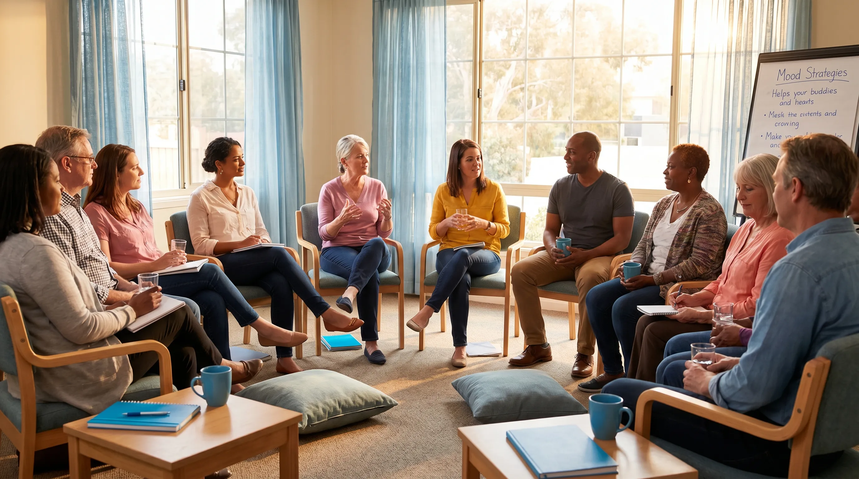 descriptive alt text describing a patient consulting with a psychiatrist in a calm clinical setting with medical charts visible, gray and blue tones