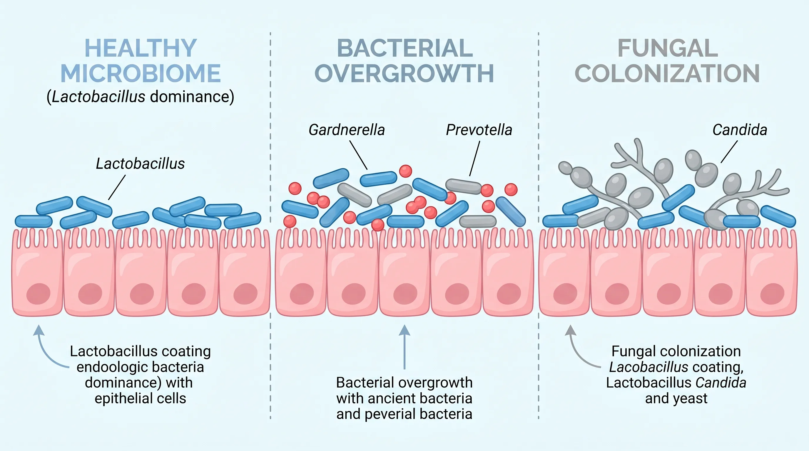 Medical illustration showing healthy vaginal microbiome versus bacterial vaginosis with Gardnerella overgrowth