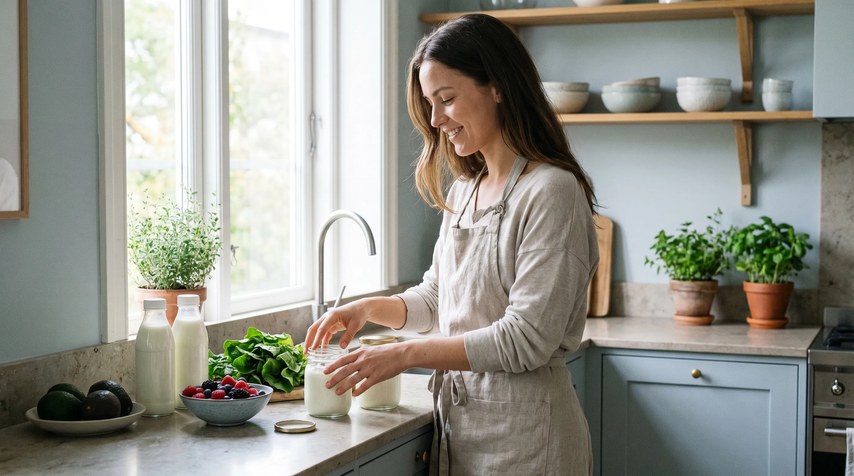Lifestyle wellness scene showing healthy dietary choices and breathable clothing for vaginal health