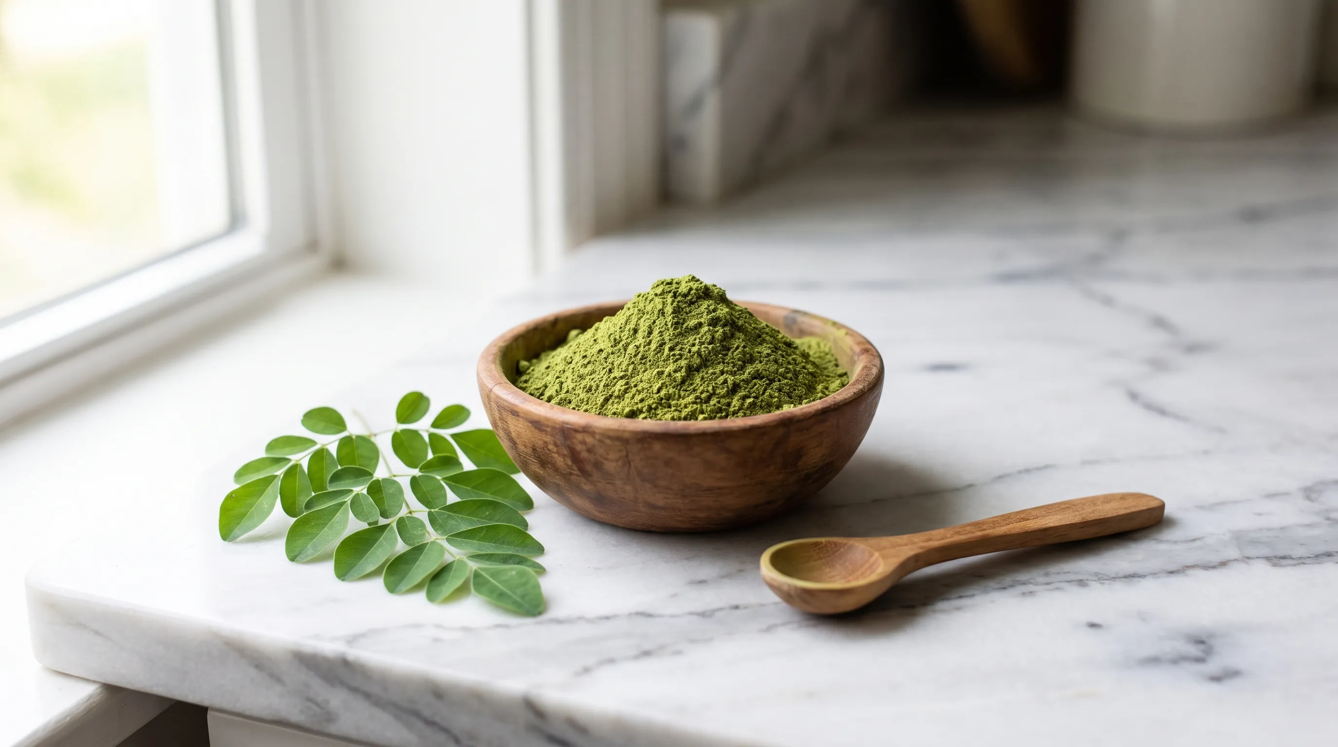 Close-up of vibrant green organic moringa leaf powder in a wooden bowl alongside fresh leaves and a measuring spoon on a marble kitchen counter