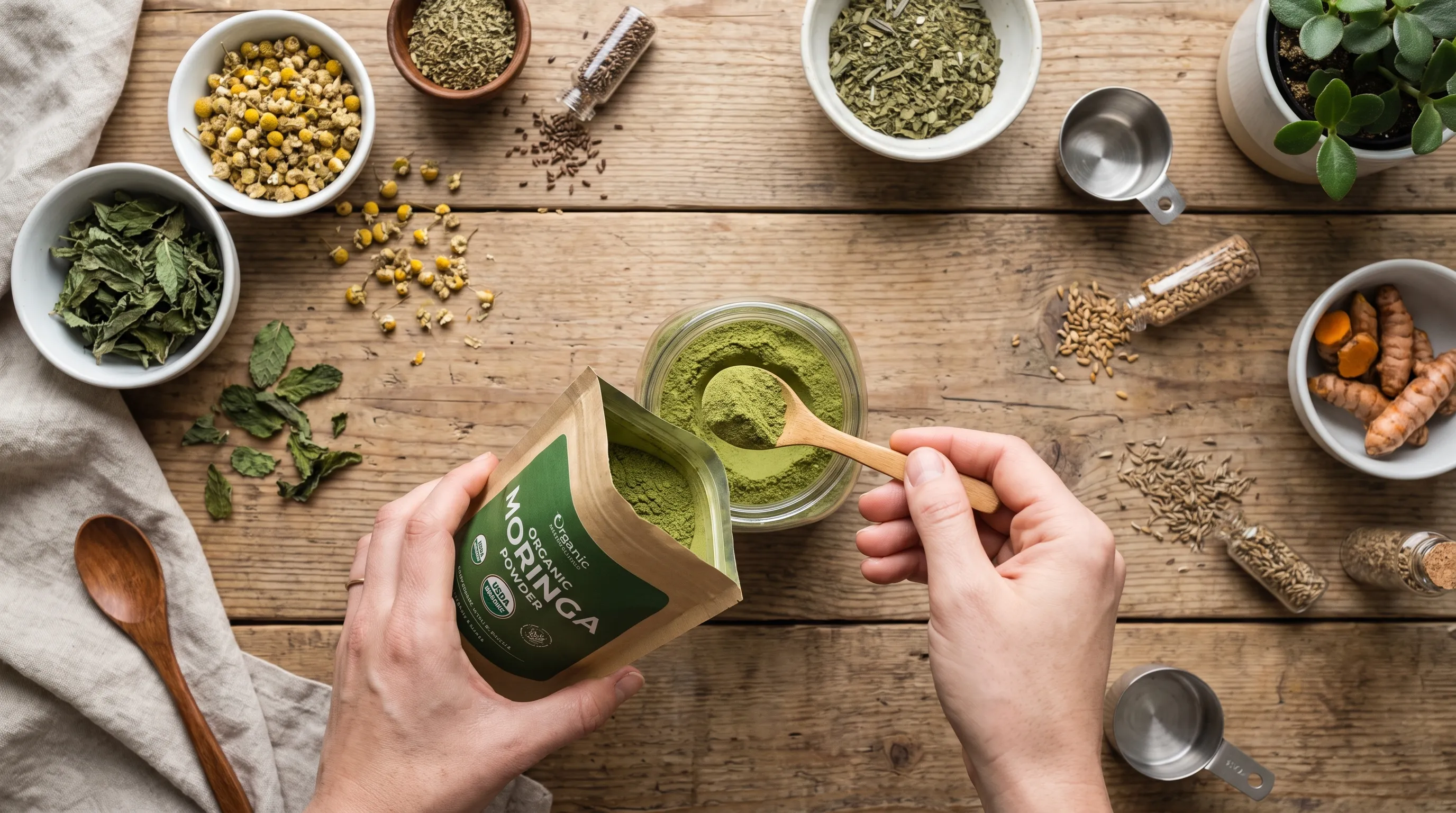 Person measuring organic moringa powder into a glass jar with dried herbs and wellness ingredients arranged on a wooden table