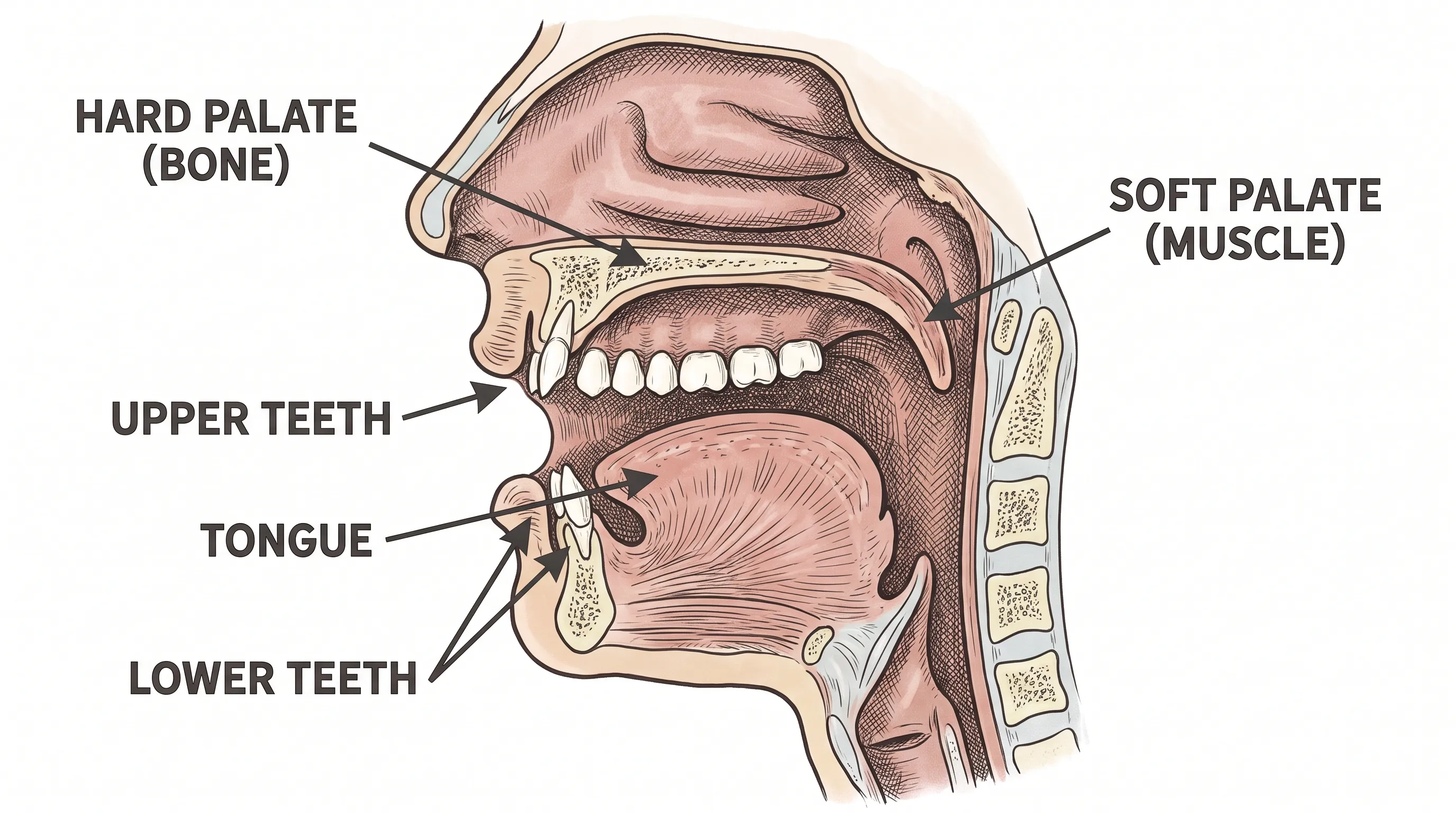 Anatomical diagram of the human mouth highlighting the hard and soft palate