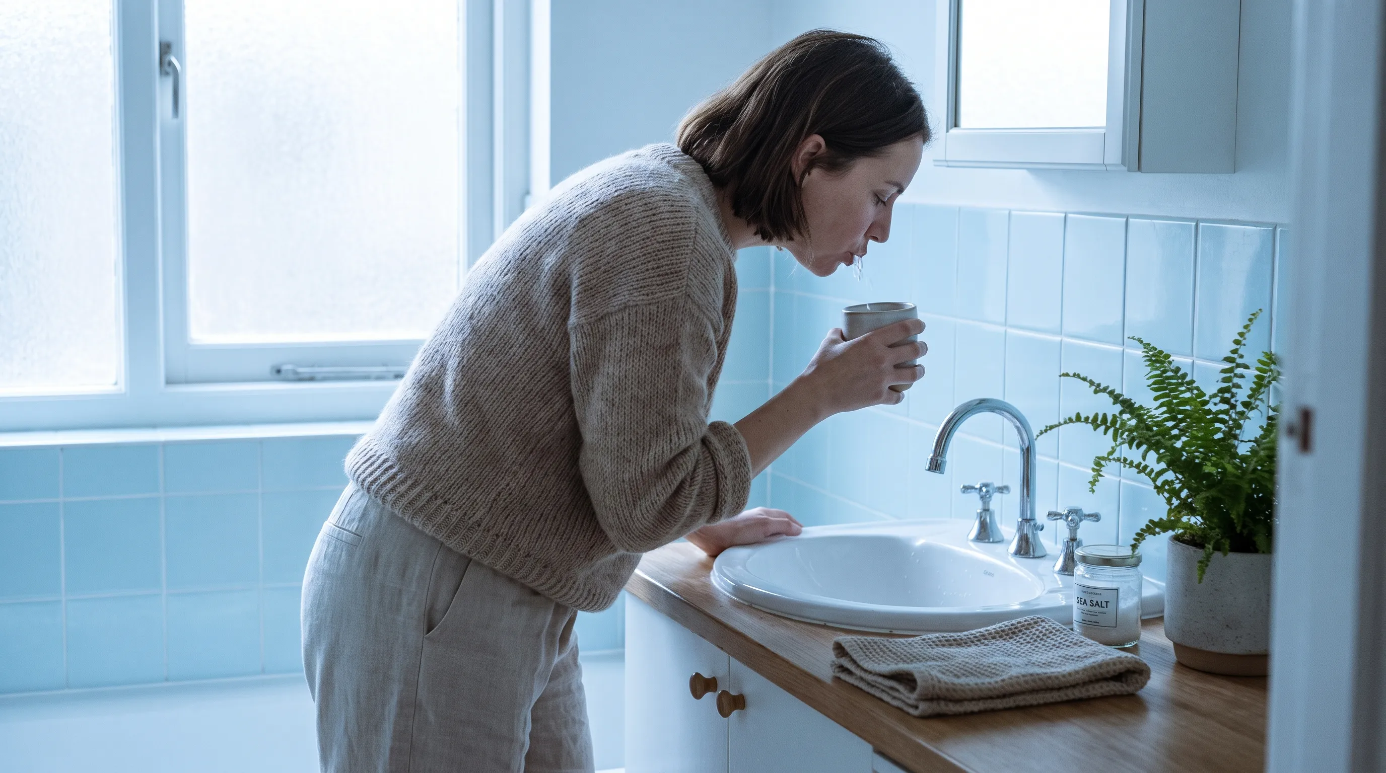 Person rinsing mouth with salt water for oral health