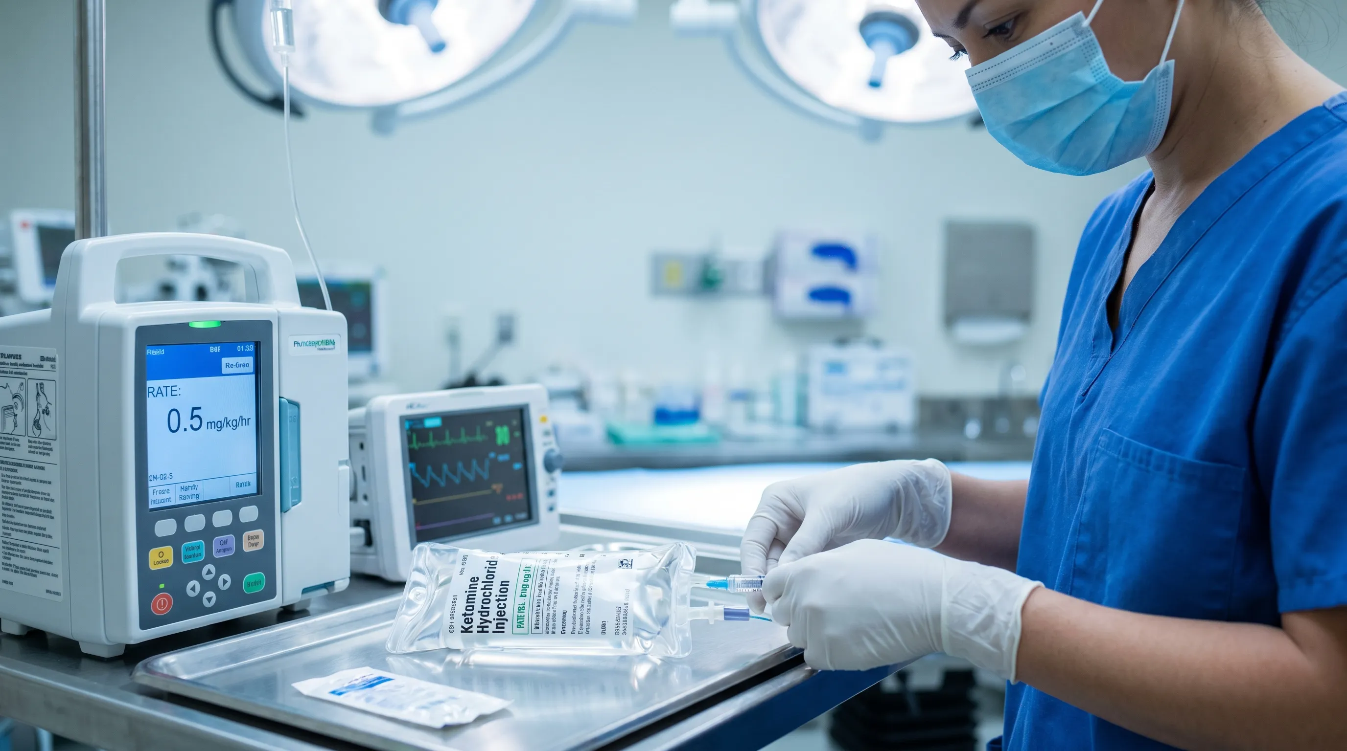 Clinician preparing ketamine infusion in a sterile treatment room
