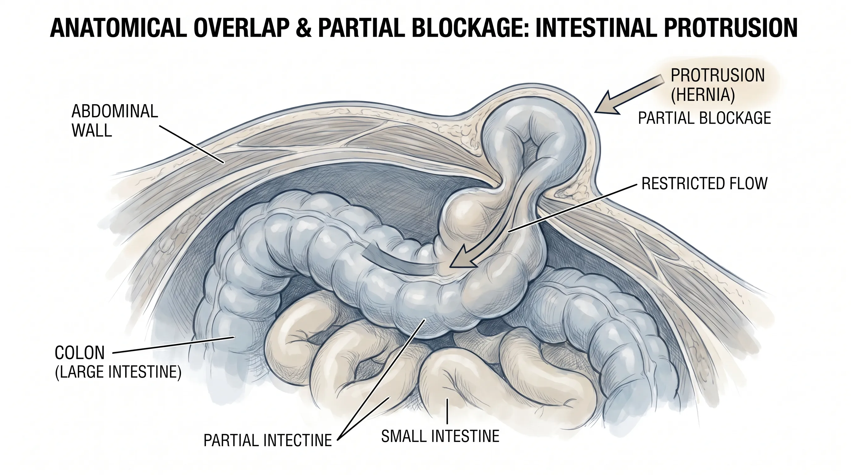 A detailed, medically accurate but non-graphic educational illustration showing the anatomical overlap of the colon and abdominal wall, highlighting how intestinal protrusion can create a partial blockage. Clean, professional medical infographic style with soft blue and gray shading.