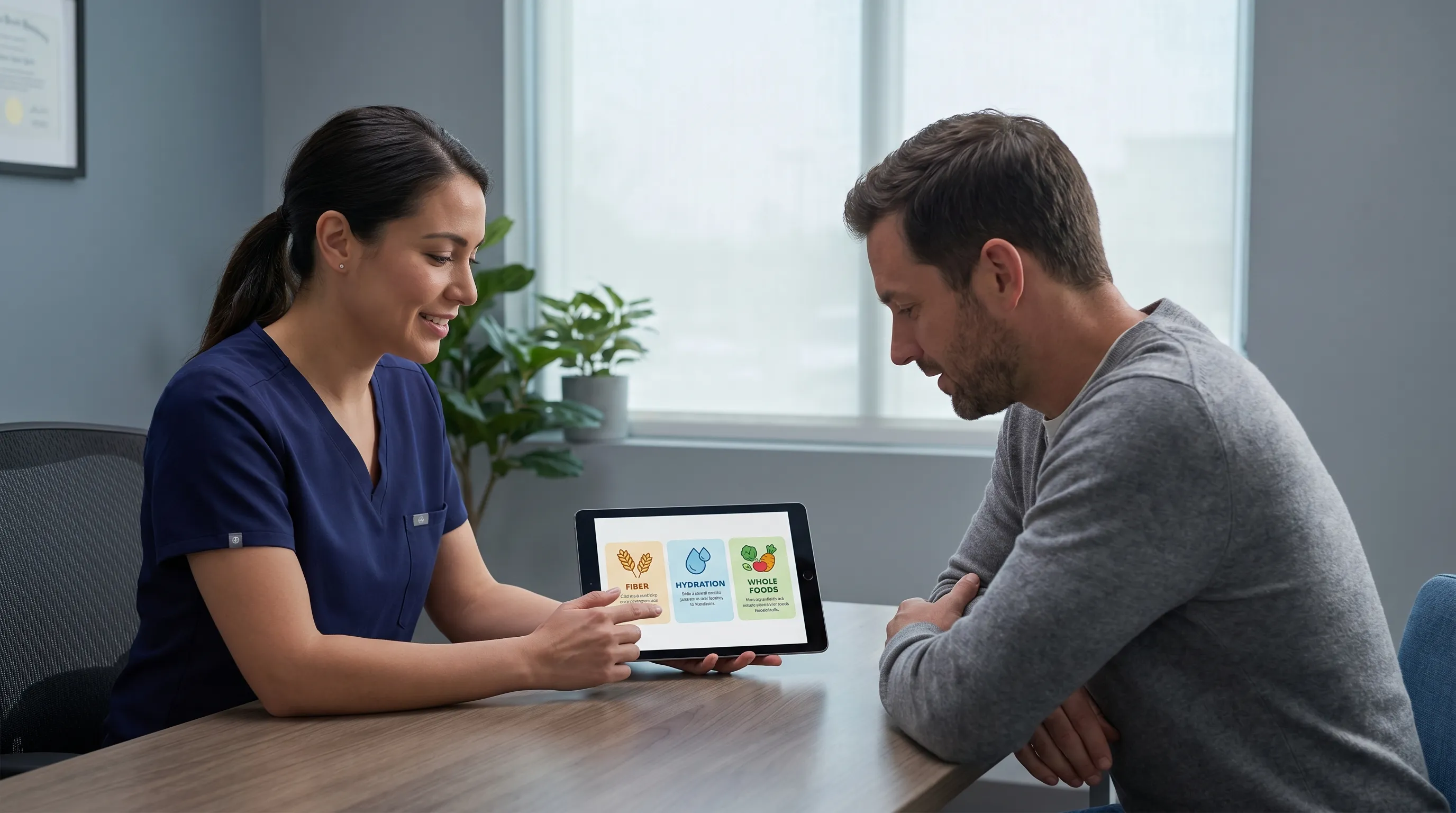 A calm, well-lit scene of a healthcare professional discussing digestive health with an adult patient in a modern clinic setting. Both individuals are engaged in conversation over a tablet displaying a gentle dietary plan. Gray and blue tones, professional and empathetic mood.