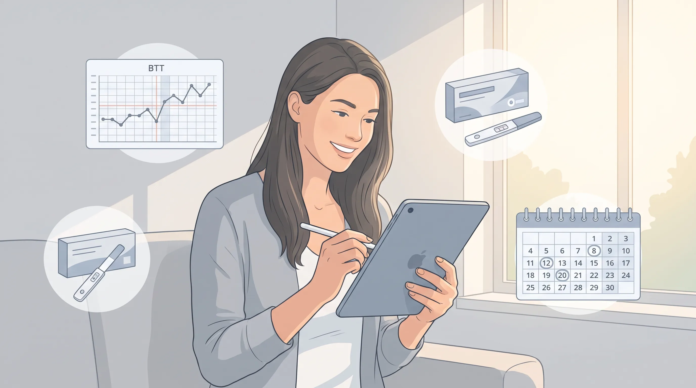 A clean, clinical yet lifestyle-oriented illustration of a woman tracking her menstrual cycle on a digital tablet, surrounded by subtle icons representing basal body temperature charts, ovulation predictor kits, and calendar dates. Gray and blue color palette with soft natural lighting. 4:3 ratio.
