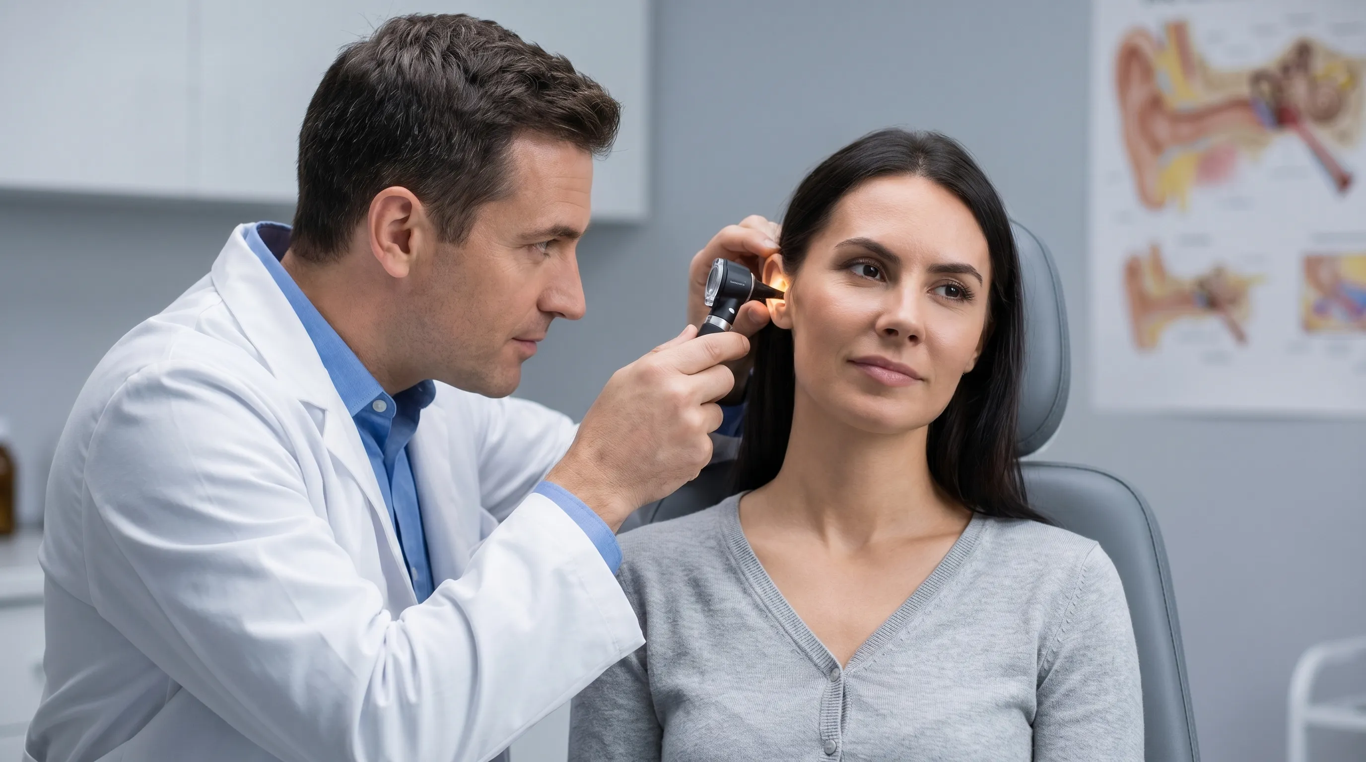 A licensed healthcare professional conducting a binocular microscopic examination of a patient's ear canal in a well-lit clinical setting, demonstrating precise otological evaluation techniques