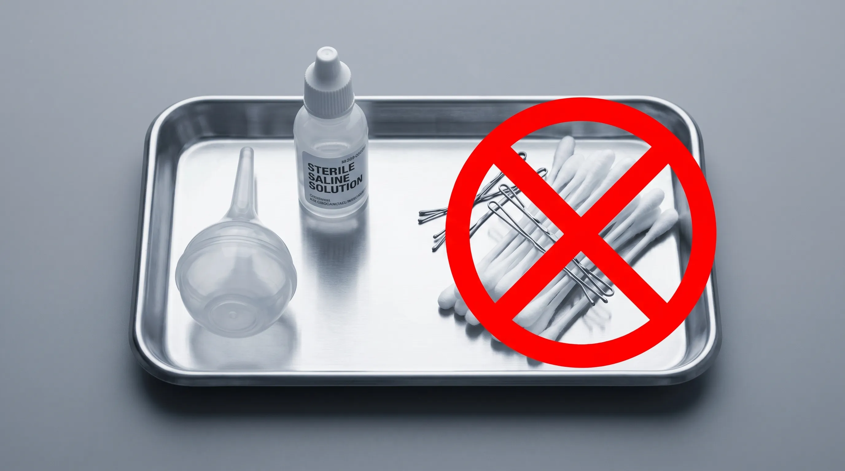 A sterile medical tray displaying safe ear hygiene products including saline drops and soft towels alongside prohibited objects like cotton swabs and metal tools, illustrating evidence-based ear care guidelines