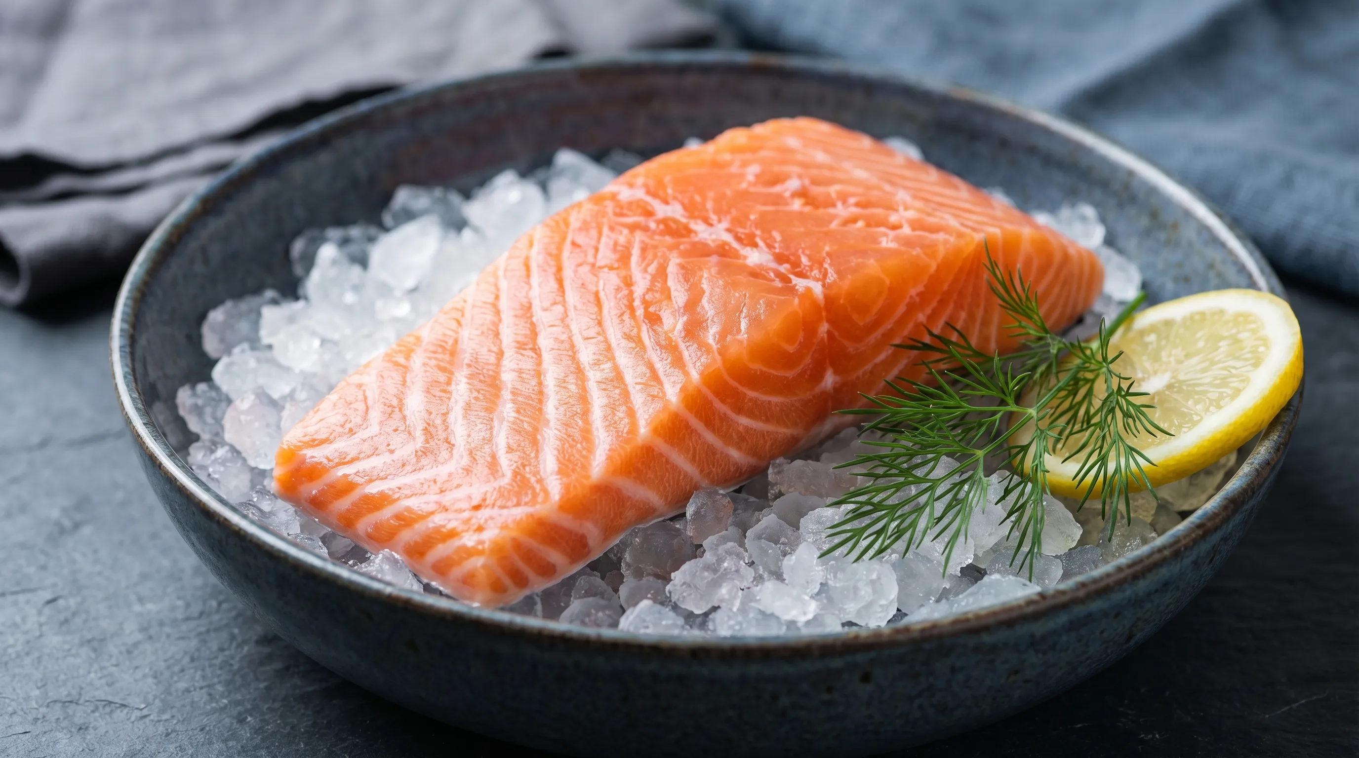 A fresh, raw Atlantic salmon fillet with vibrant orange-pink flesh, marbled with healthy fats, resting on a bed of ice.