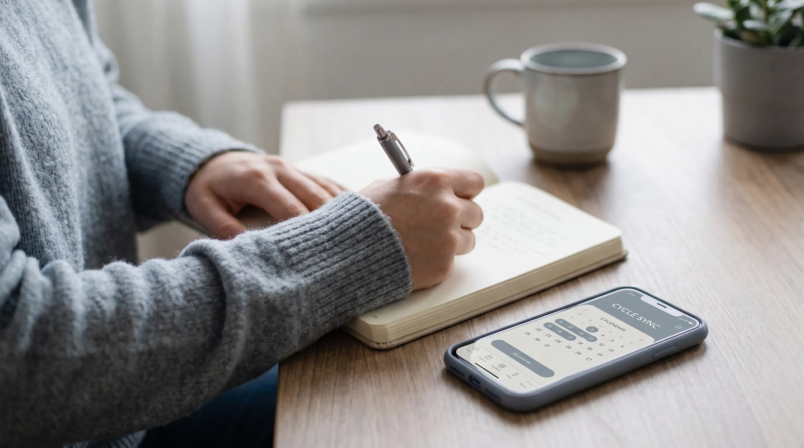 A woman gently holding a ceramic mug of herbal tea while reviewing a menstrual tracking journal on a softly lit kitchen counter, representing mindful cycle monitoring and reproductive awareness
