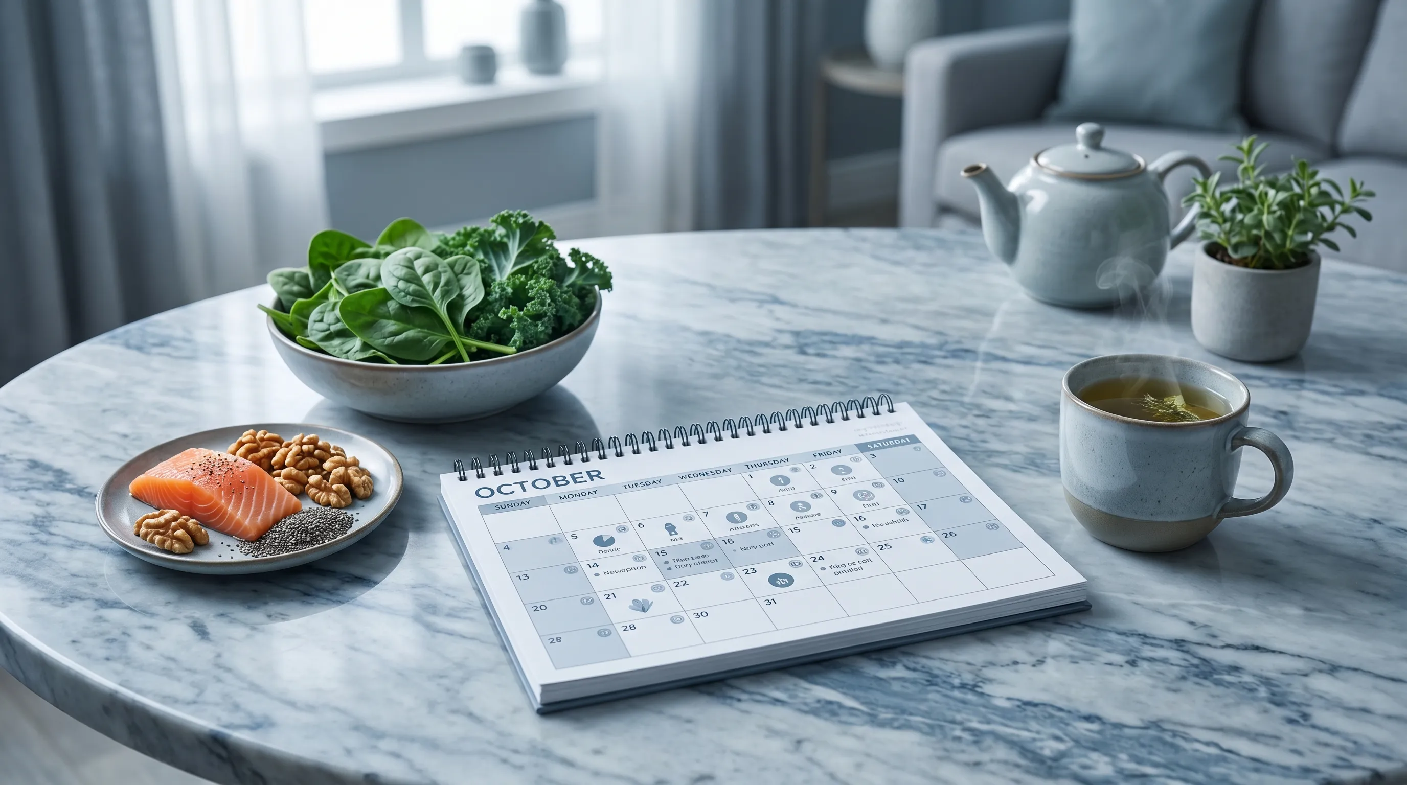 A neatly arranged wellness desk featuring a digital cycle tracking tablet, a glass jar of mixed herbal supplements, fresh berries, and a linen-covered menstrual planner on a marble surface, symbolizing proactive reproductive health management