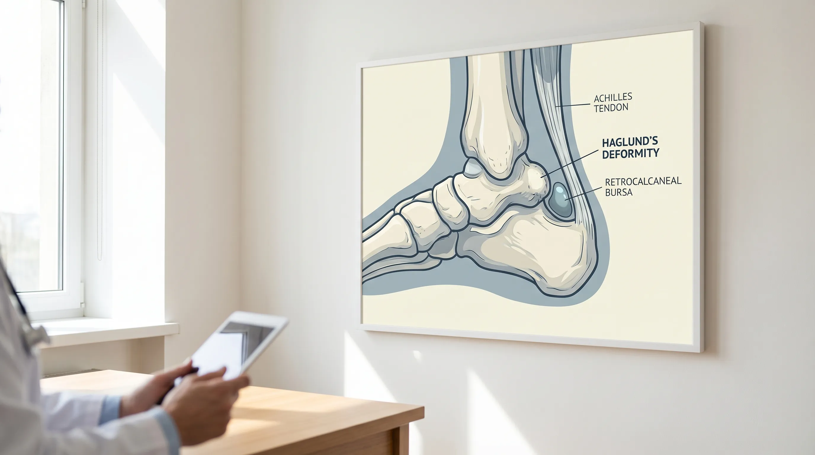 Anatomical diagram of the back of the heel showing the location of Haglund's deformity, a bony bump, and its proximity to the Achilles tendon and retrocalcaneal bursa.