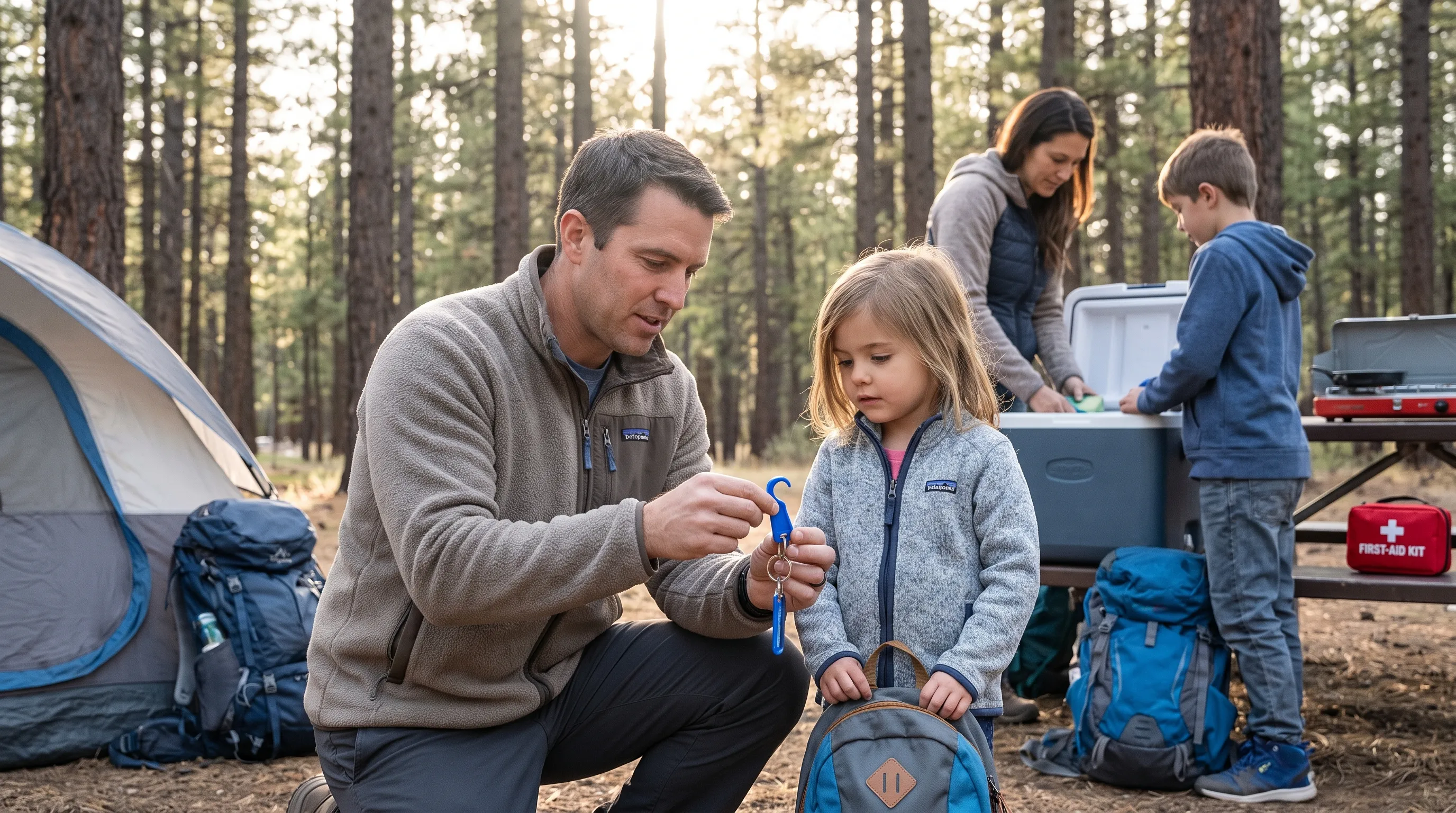 A family preparing for a weekend camping trip in a sunlit forest, a parent demonstrating how to attach a tick removal keychain to a child's backpack strap, natural lighting, blue and gray color grading, health and safety focus
