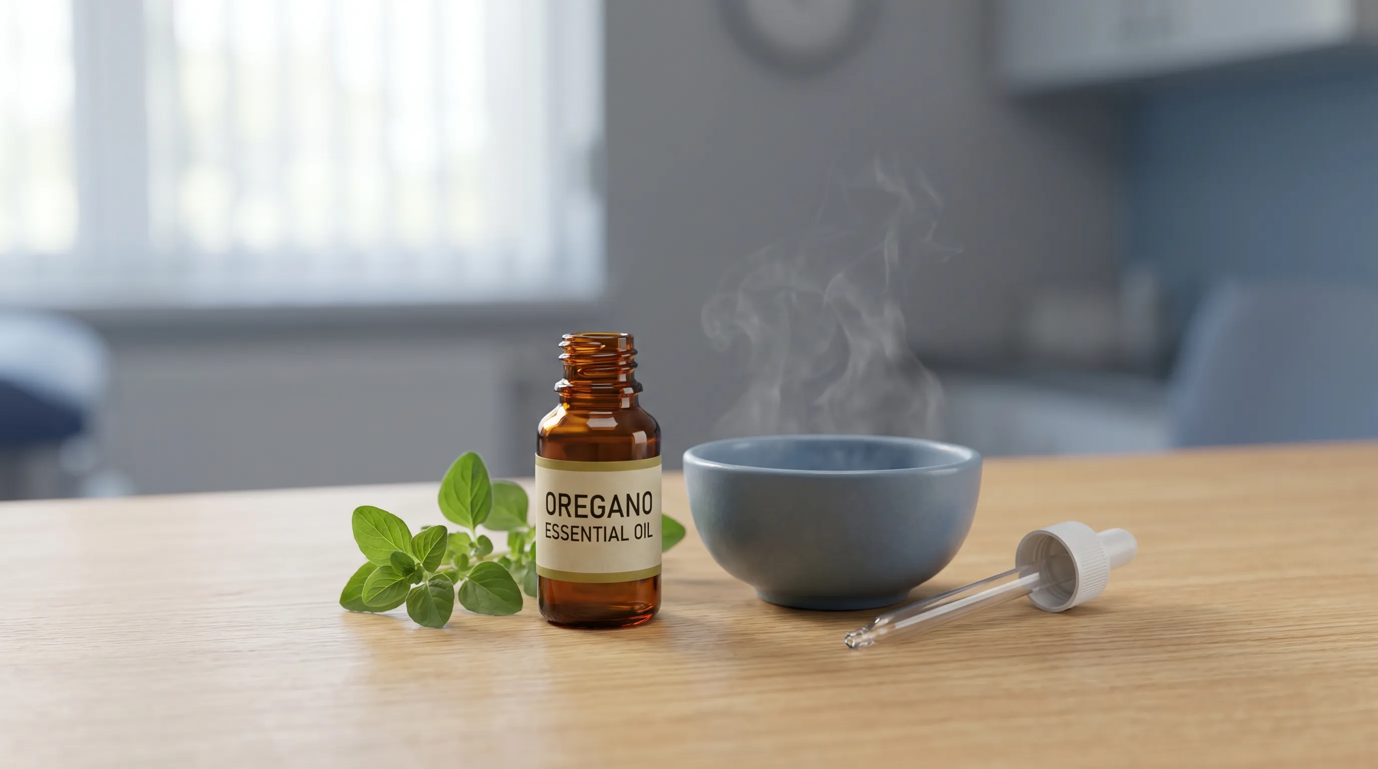 A person in a cozy, well-lit living room leaning over a towel-draped bowl while gently inhaling steam, surrounded by subtle wellness elements like eucalyptus branches and a glass of water, calm atmosphere, gray and blue color palette