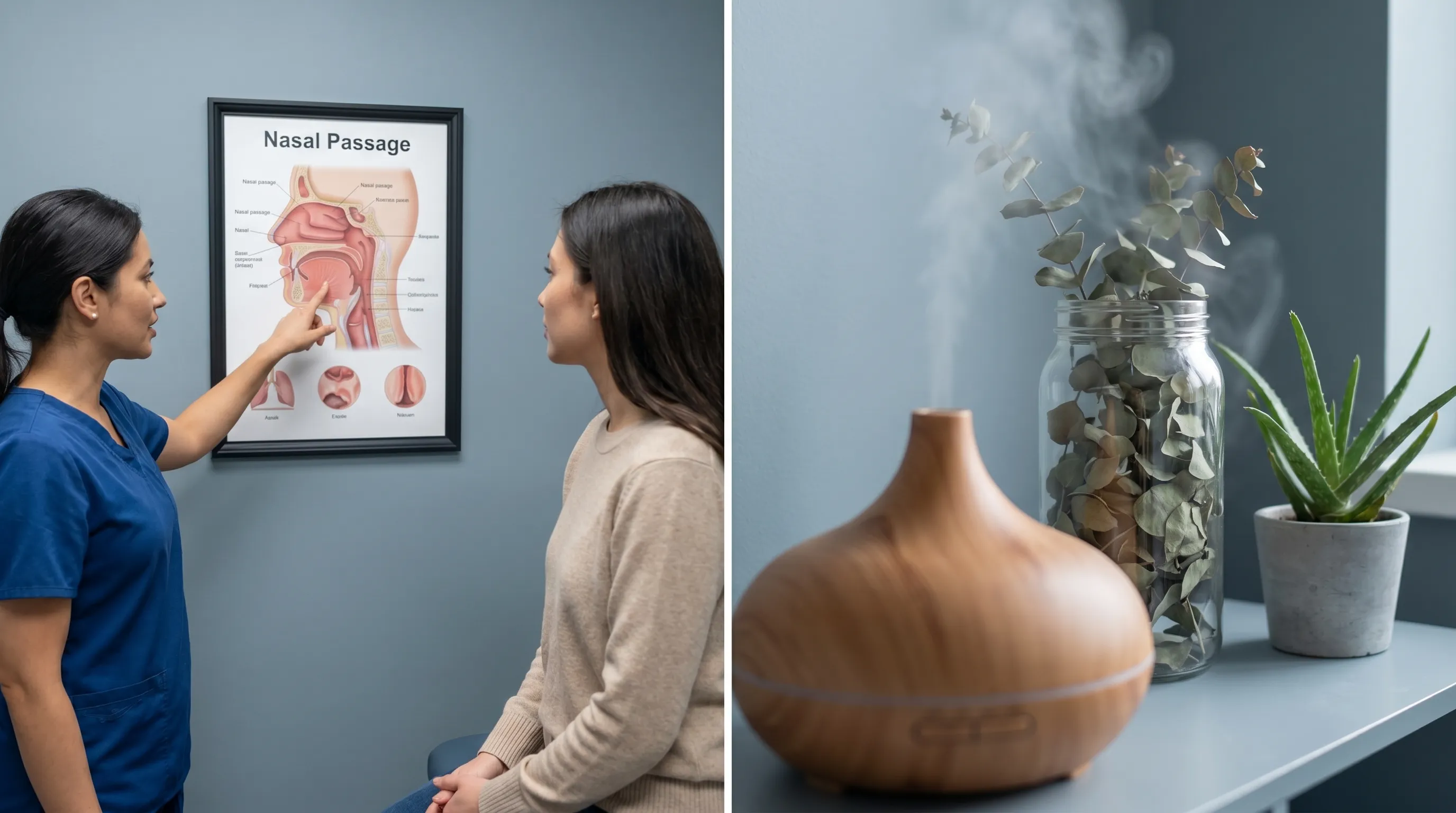 A split layout showing a medical professional explaining nasal anatomy on a chart to a patient, with subtle background elements of natural herbs and a humidifier, professional healthcare setting, muted blue-gray tones