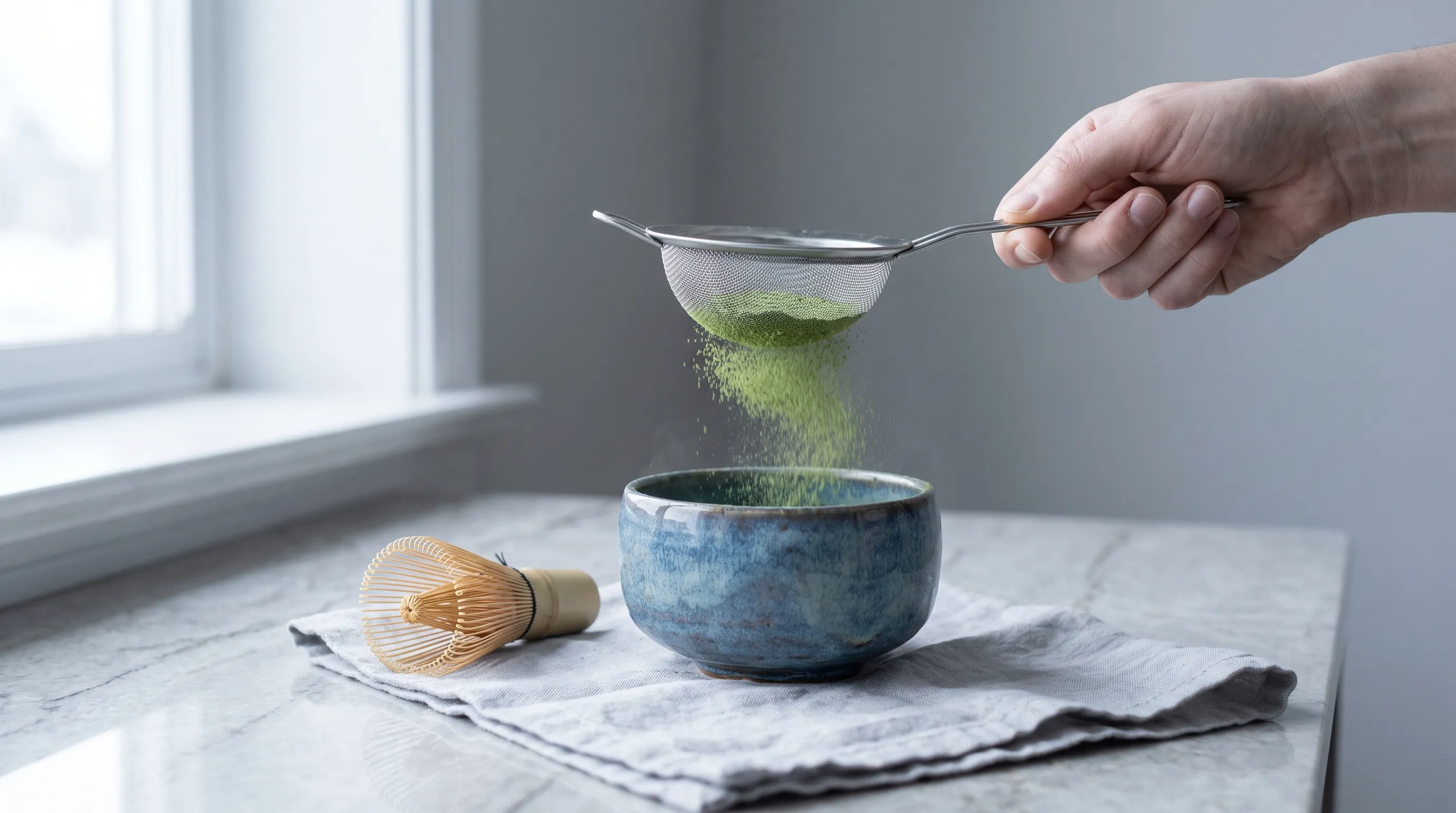 A vibrant green matcha powder being carefully measured into a traditional ceramic chawan bowl next to a bamboo chasen whisk, highlighting the fine particle size and rich color, clinical wellness photography style