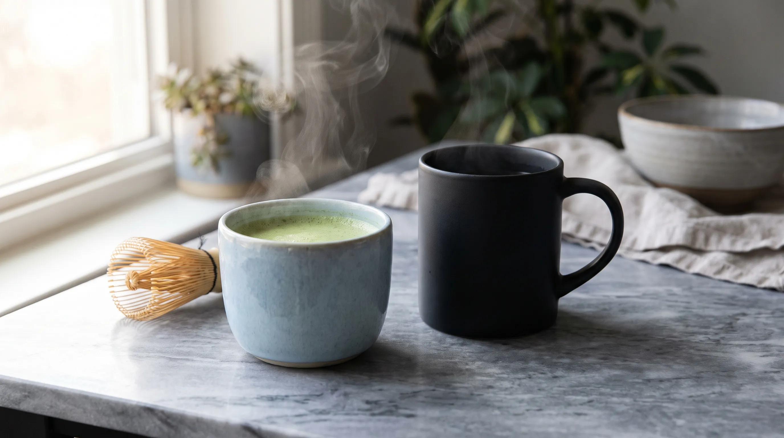 A side-by-side composition showing a steaming ceramic matcha bowl next to a sleek black coffee mug on a marble kitchen surface, soft morning lighting, clinical wellness aesthetic with gray and blue tones